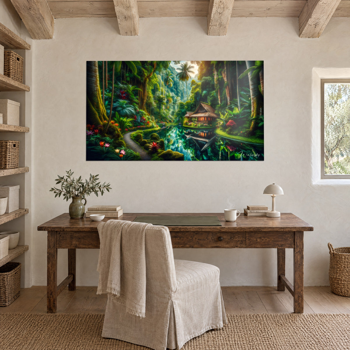 Cuadro selva exuberante alrededor de una casita de ventanas doradas, verde vivo y azul turquesa, estanque que refleja los árboles, encima de un escritorio
