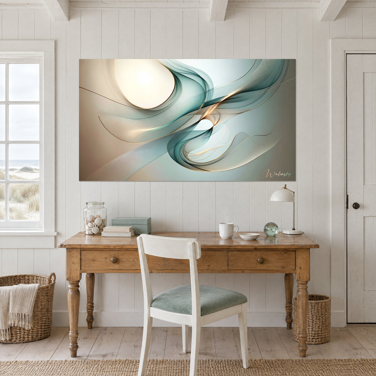 Wall art of transparent arabesques in pale turquoise and sand, ivory glow at the top left, above a light wood desk