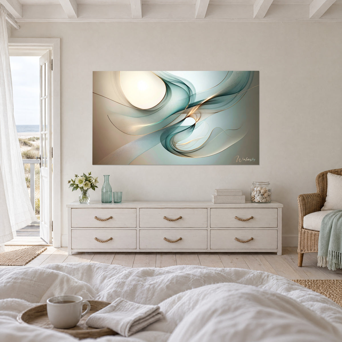 Wall art of swirling gauze veils in verdigris and cream, fine copper lines around a white moon, above a bed in a light bedroom