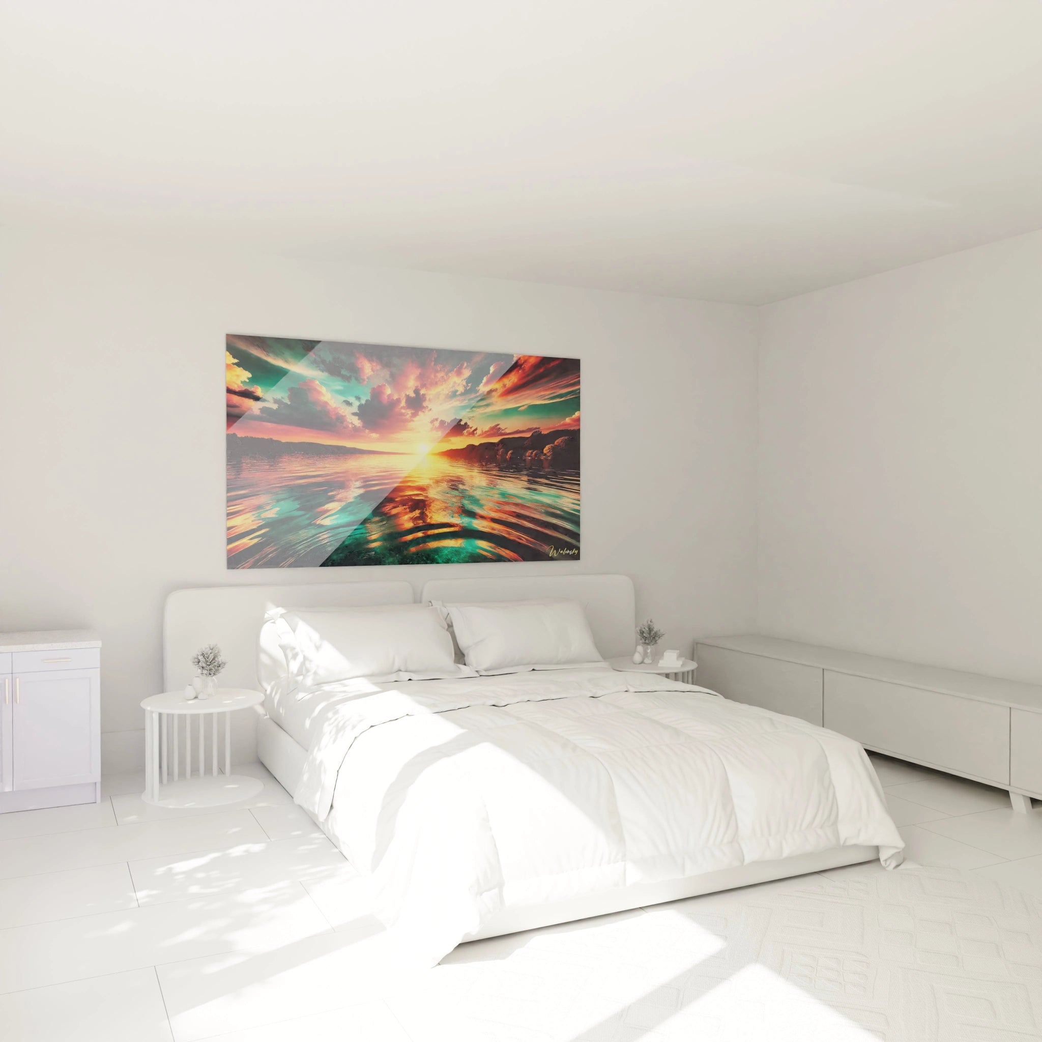 Le tableau Coucher de Soleil transforme votre chambre, accroché au-dessus du lit. Sa beauté vibrante invite à la rêverie, apportant une ambiance paisible et colorée.

