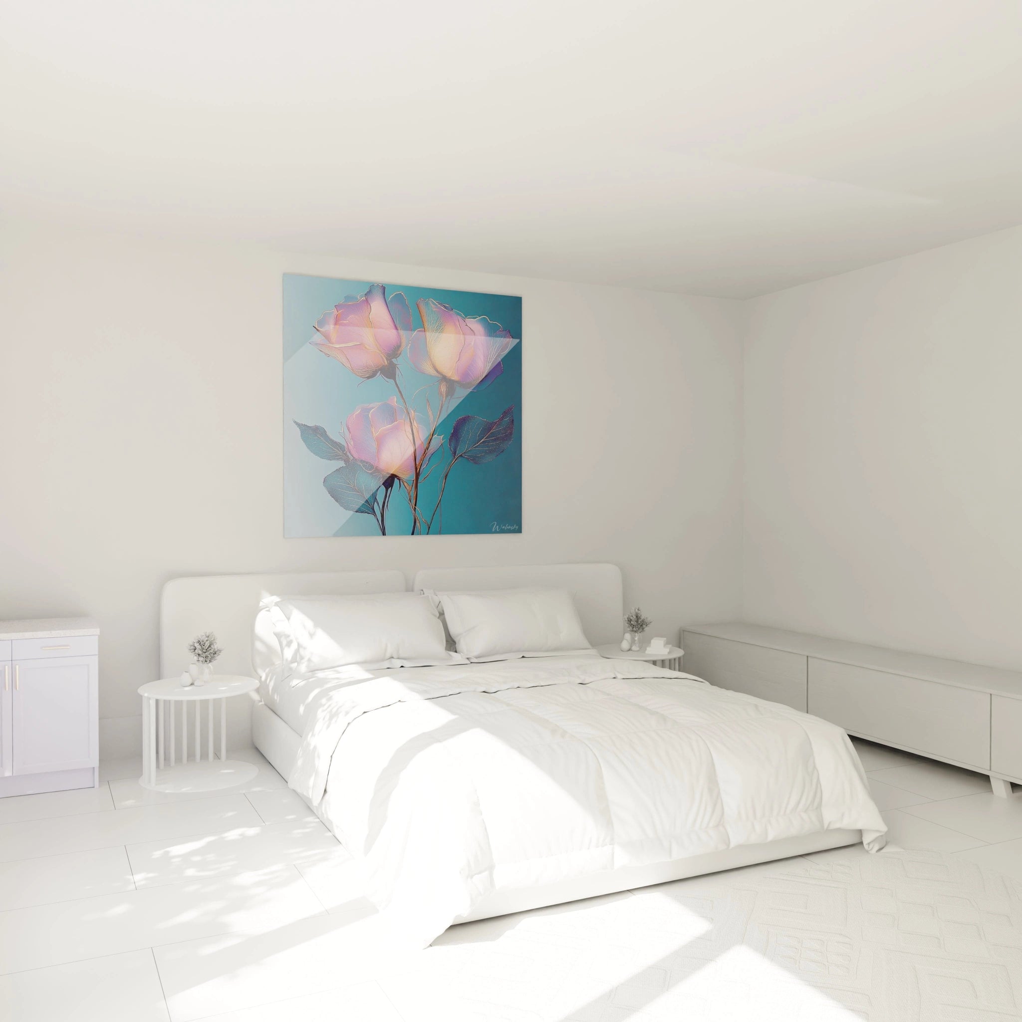 Un tableau roses opalescentes montrant trois spécimens aux teintes rose-violet lumineuses et bords dorés, avec des feuilles bleu-vert texturées, créant un effet de transparence sur un arrière-plan turquoise profond.
