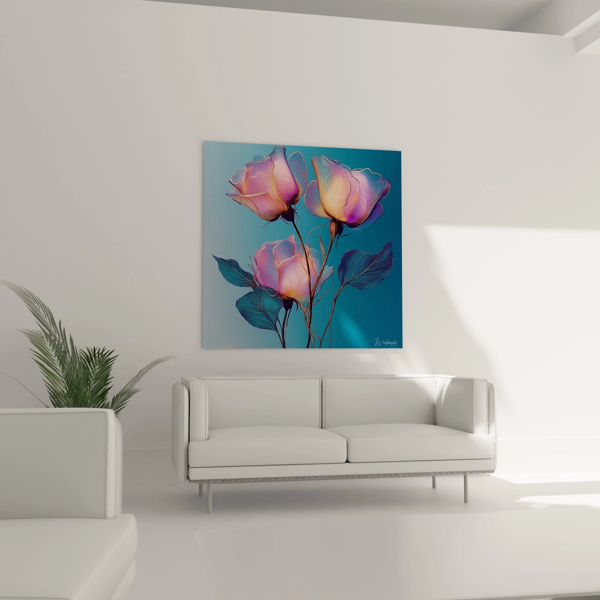 Un tableau roses artistiques représentant trois fleurs aux pétales diaphanes dans des tons de rose, violet et touches dorées, disposées avec leurs tiges fines et quelques feuilles bleutées sur un fond dégradé de bleu.
