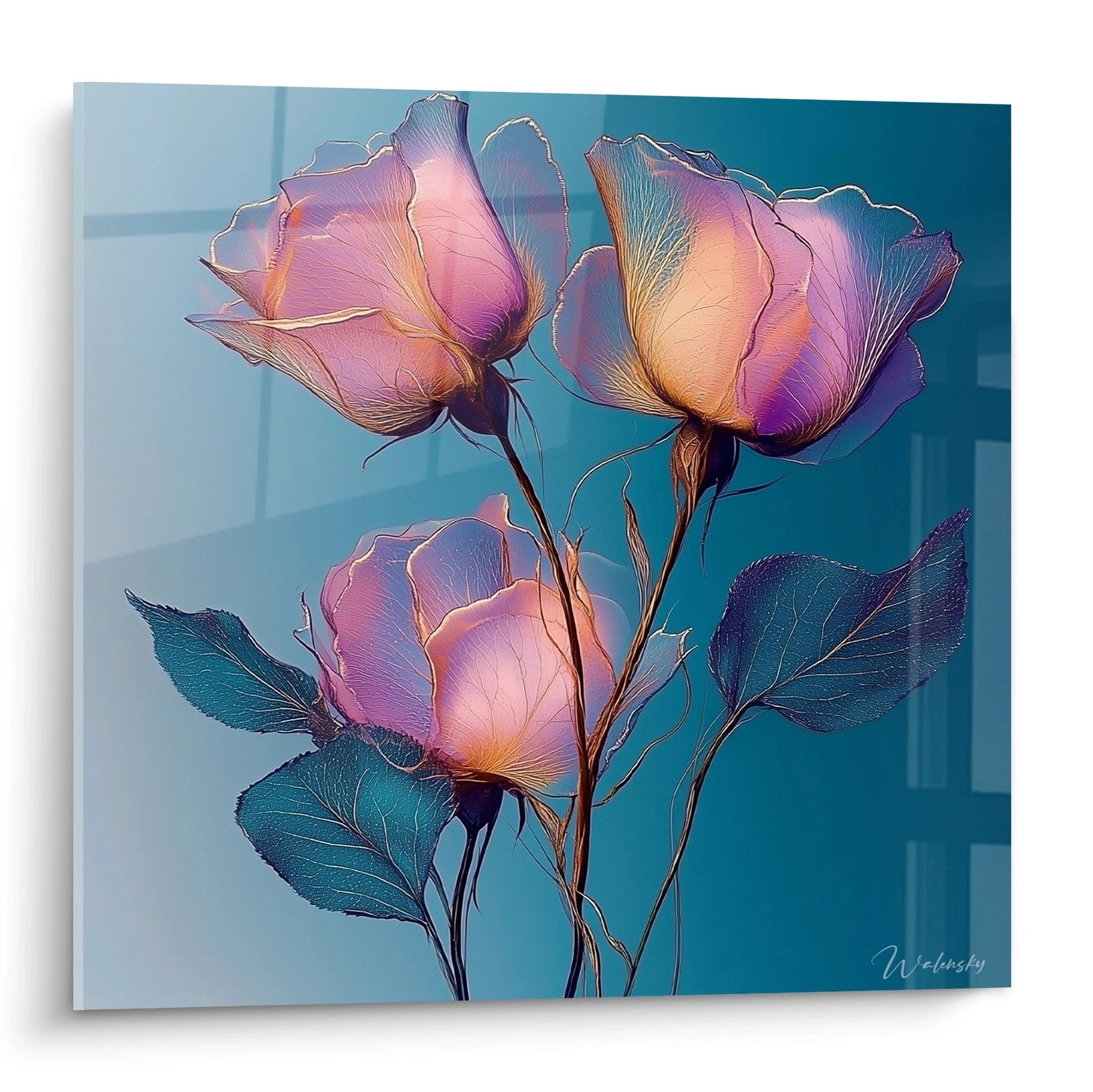 Un tableau roses translucides présentant trois fleurs aux pétales irisés rose-violet avec des contours dorés, disposées en diagonale sur un fond dégradé turquoise à bleu, révélant une texture fine et des nervures délicates.
