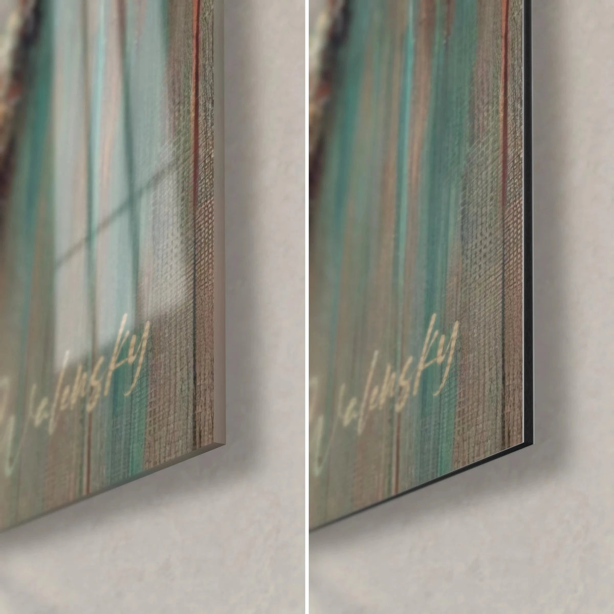 Schilderij spookschip met turquoise en koperen druipsporen, rechteronderhoek in glanzend glas en mat Dibond-aluminium, 3 mm dik