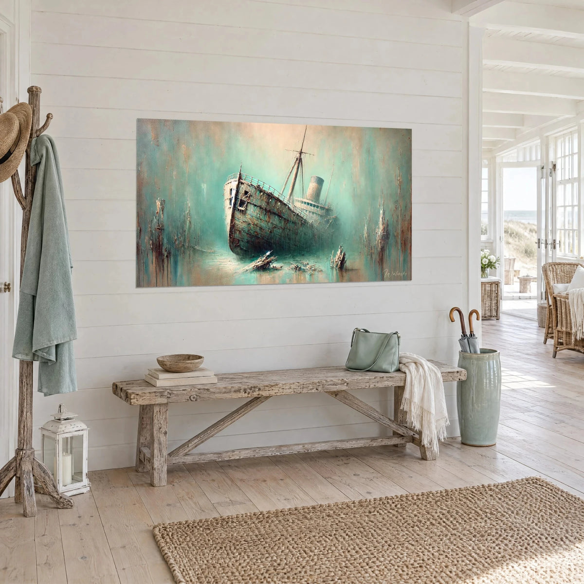 Schilderij gestrand schip met bruine romp en crèmekleurige schoorsteen tegen een zeegroene achtergrond, hangend in een huis aan zee