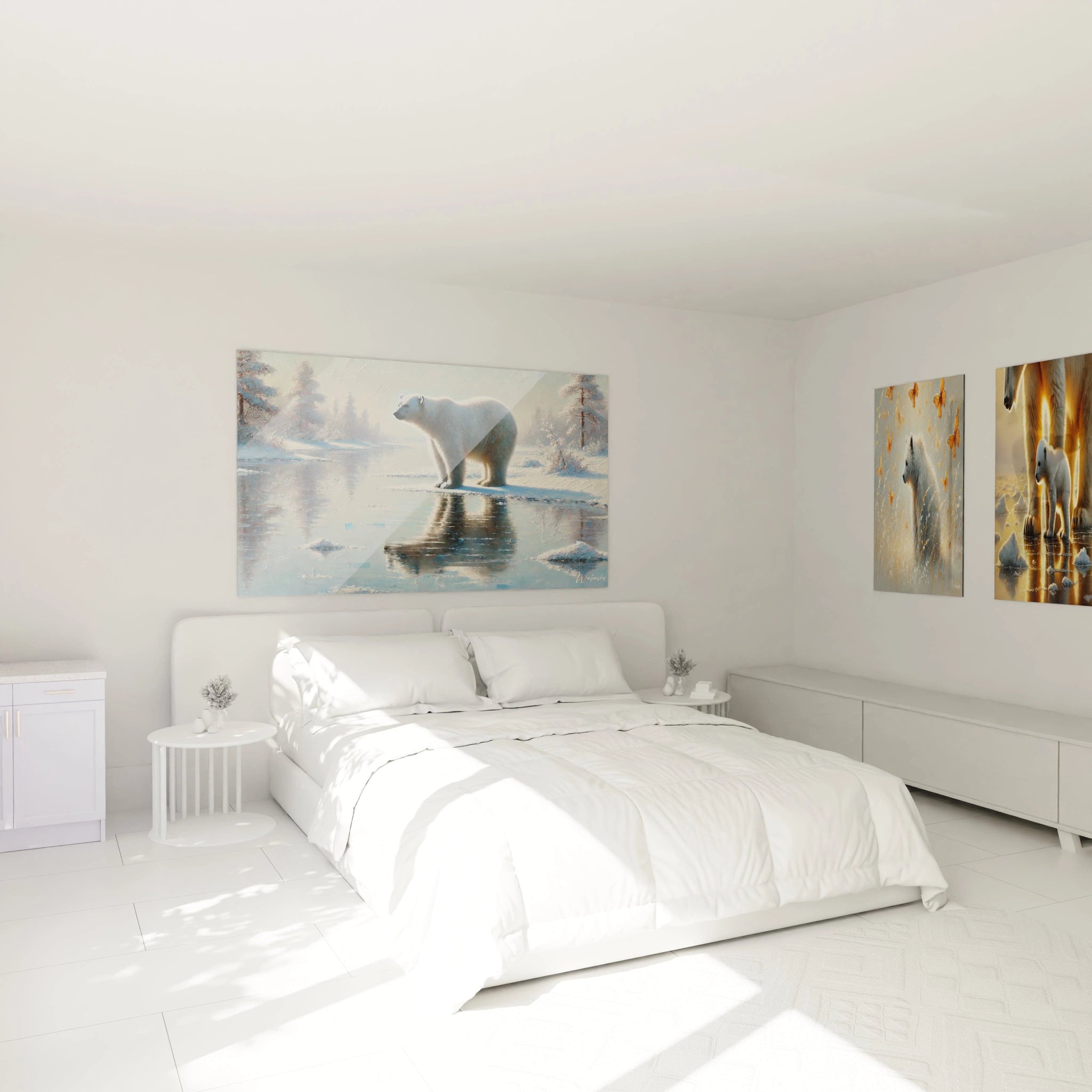 Ce tableau ours polaire transforme votre chambre en un havre de paix, grâce à son atmosphère apaisante et à ses nuances glacées. Un ajout parfait pour une décoration relaxante.

