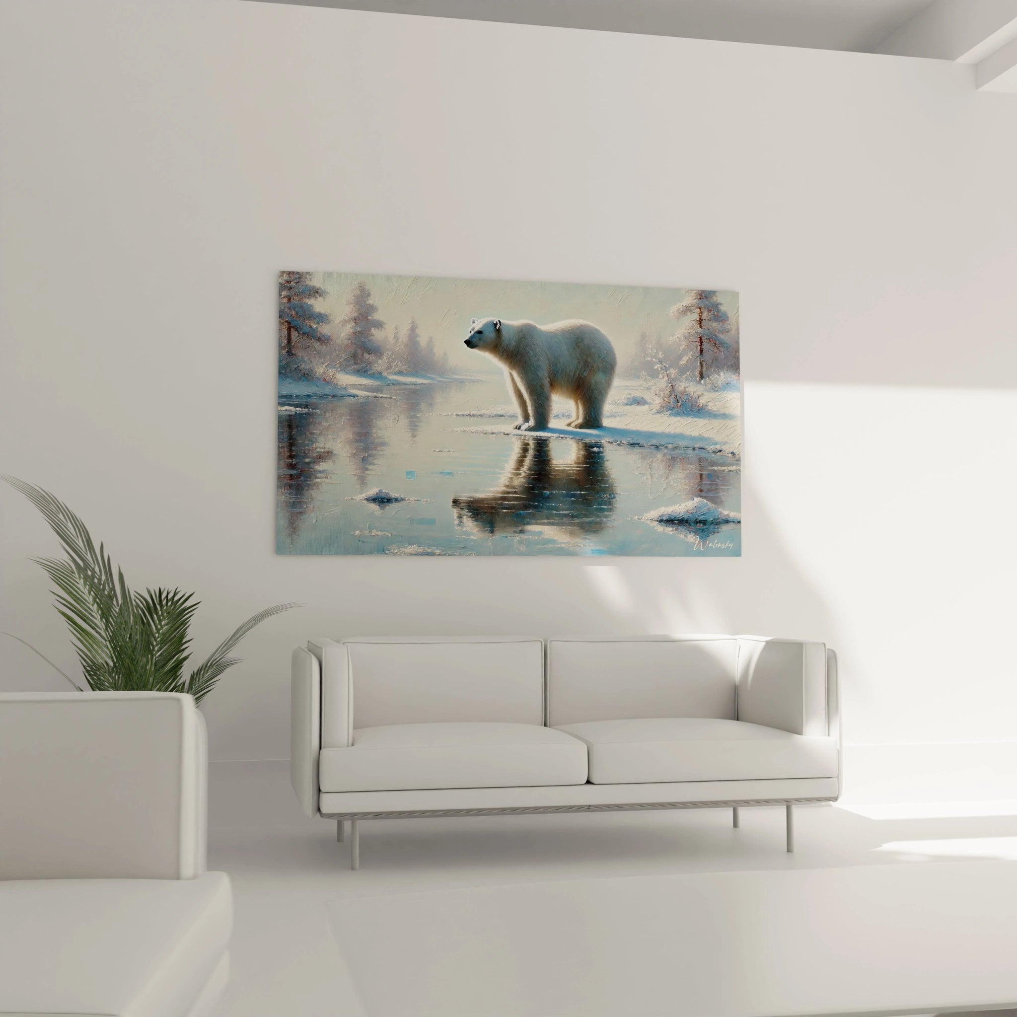 Le tableau ours polaire dans votre salon apporte élégance et nature. Cette œuvre crée une ambiance calme et majestueuse, idéale pour une décoration inspirée des grands espaces.

