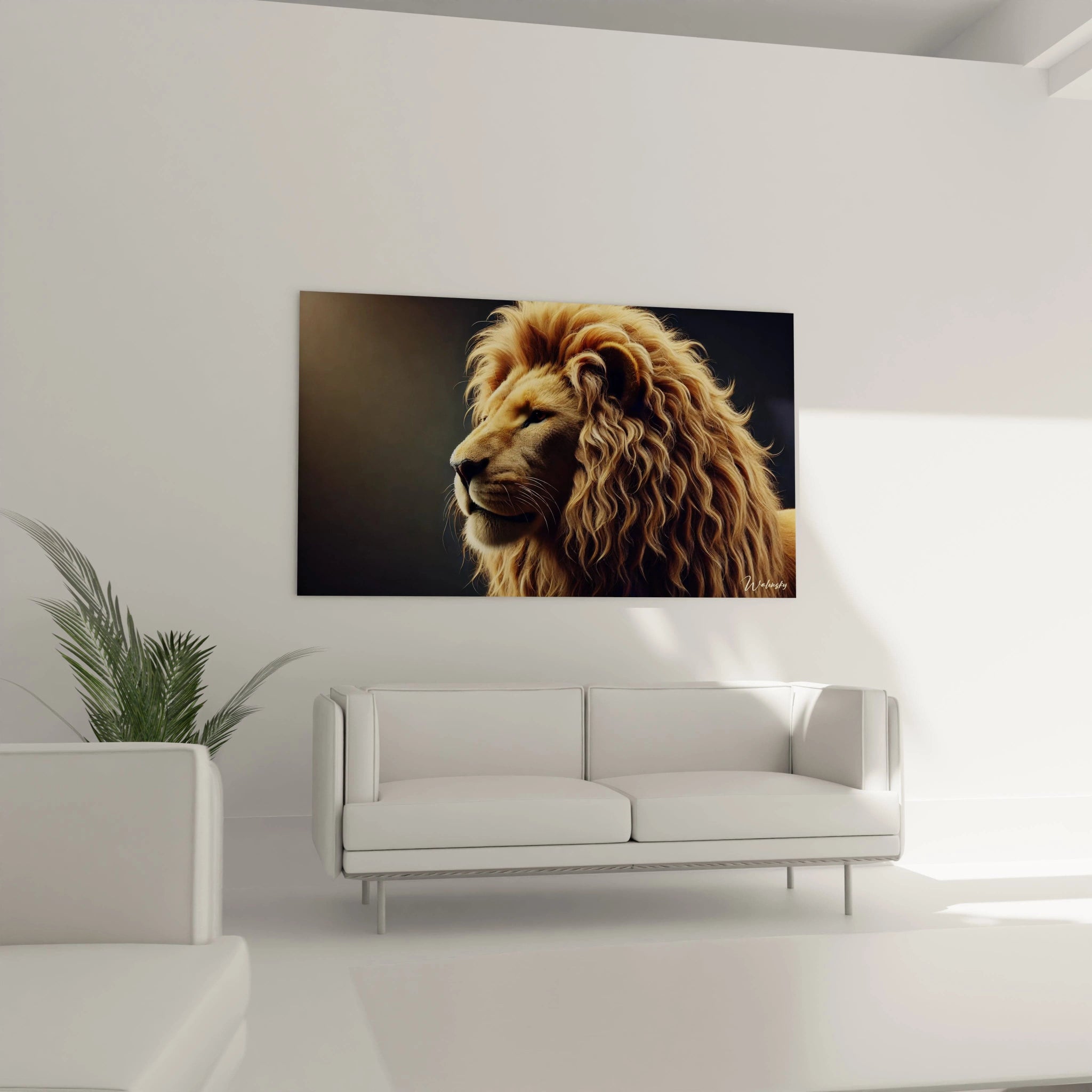 Tableau lion placé au-dessus du canapé dans le salon, son regard intense et sa posture calme imposent majesté et sagesse, enveloppés dans des tons de marron et or.


