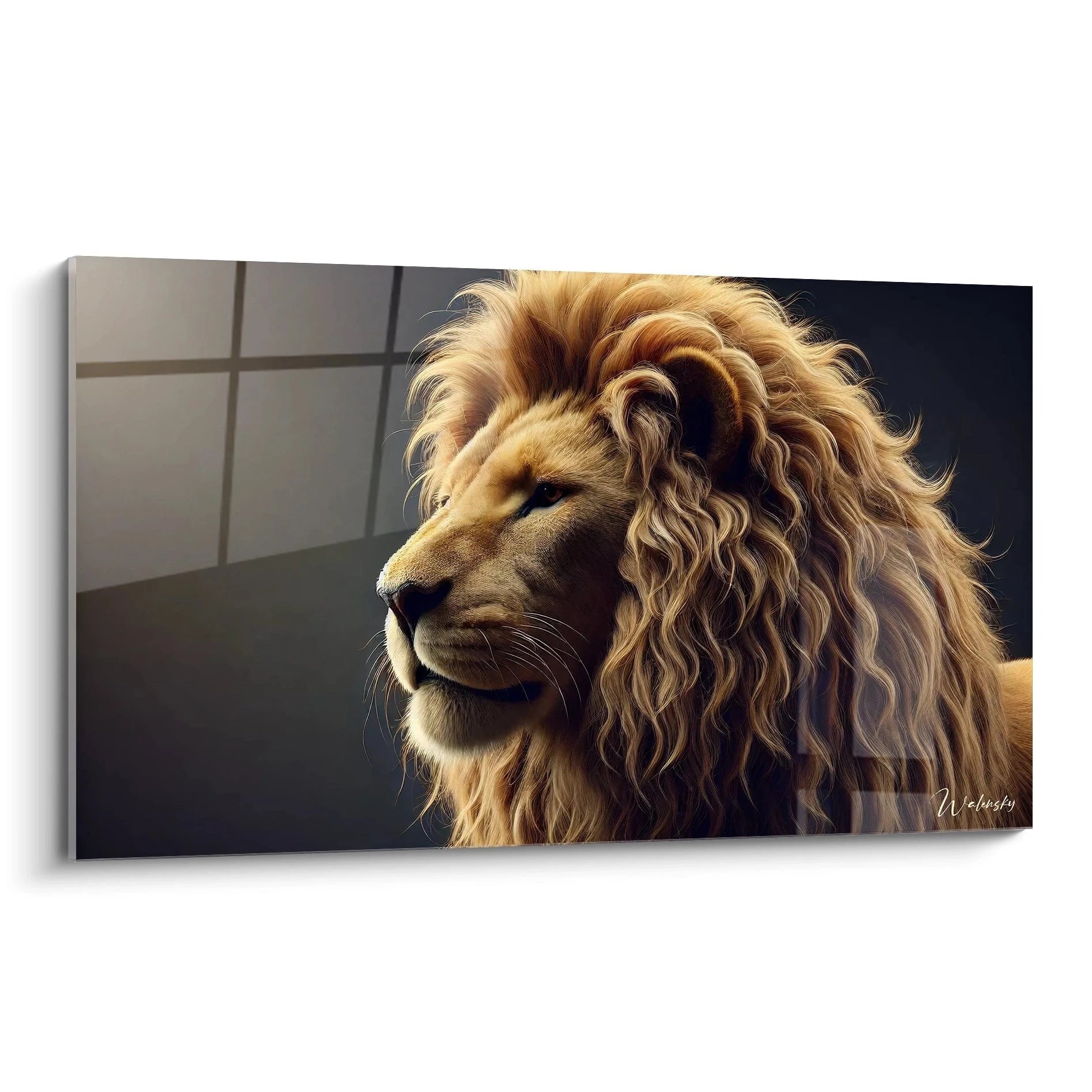 Tableau lion vu de biais, capturant la noblesse du regard du roi de la savane. Les tons chauds de beige et or accentuent la sérénité et la sagesse de l'animal majestueux.

