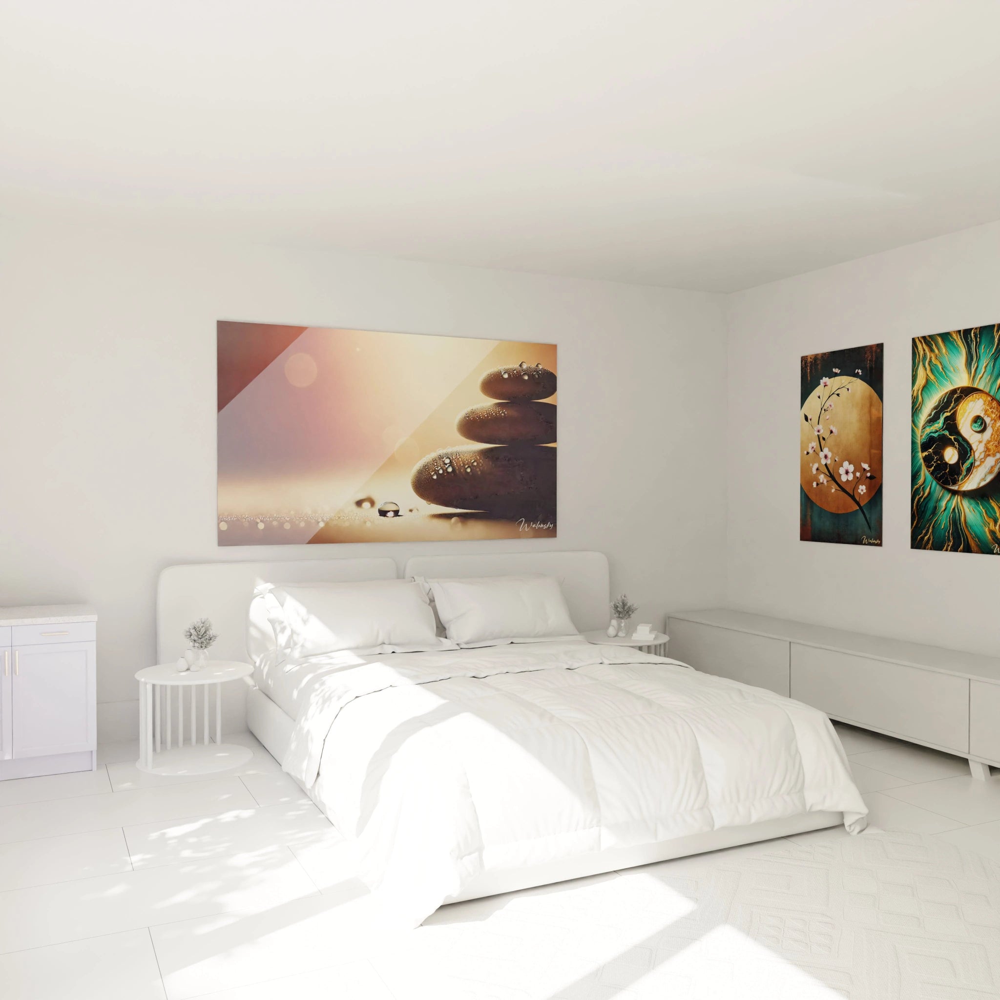 Tableau en verre acrylique zen et méditation, accroché au-dessus d'un lit dans une chambre paisible, créant une ambiance de sérénité et de détente."