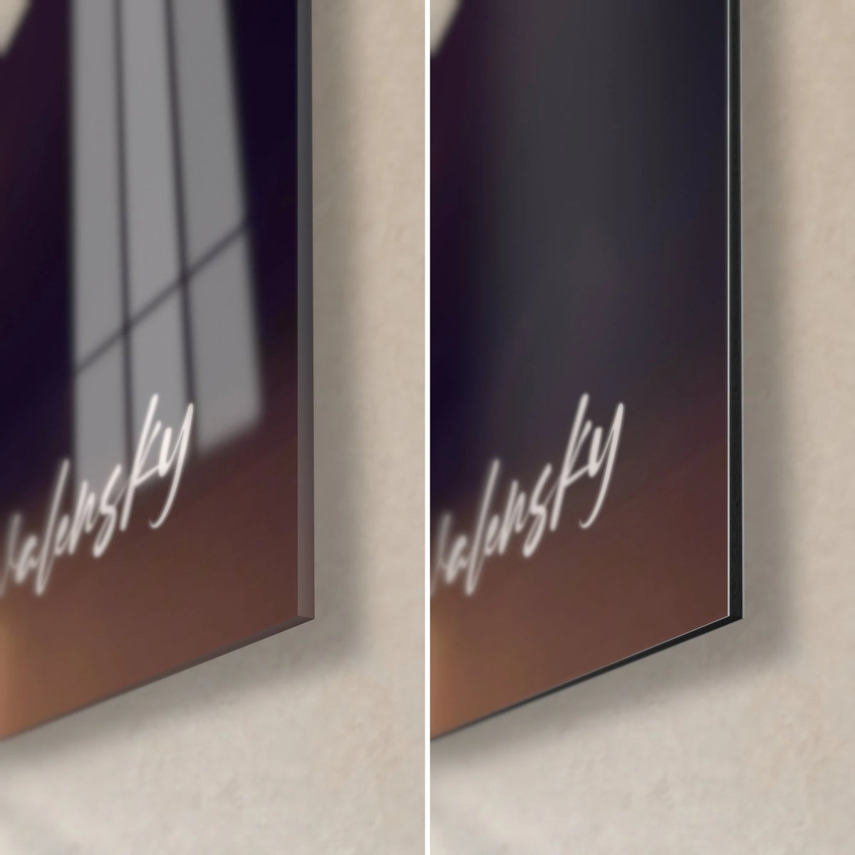 Schilderij zen-kiezelstenen en waterdruppel, rechtsonder: glanzend acrylglas links, mat zwart Dibond-aluminium rechts, 3 mm rand