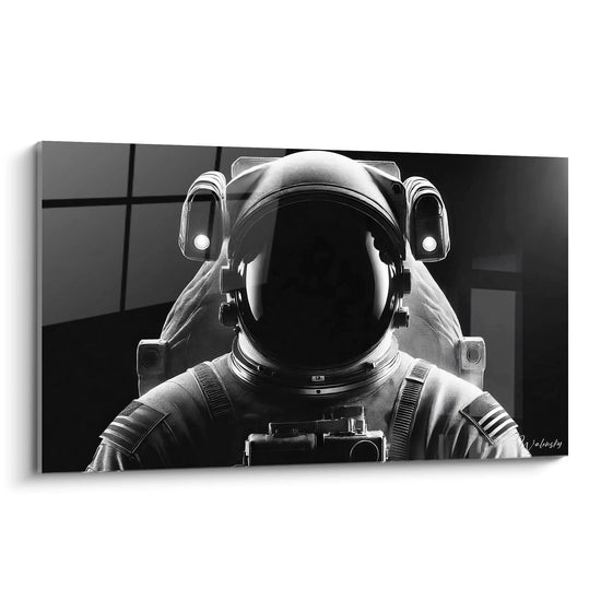 black and white wall art shown at an angle features an astronaut in space metallic reflections shining helmet futuristic atmosphere infinite exploration deep hyperrealism striking black white contrast

