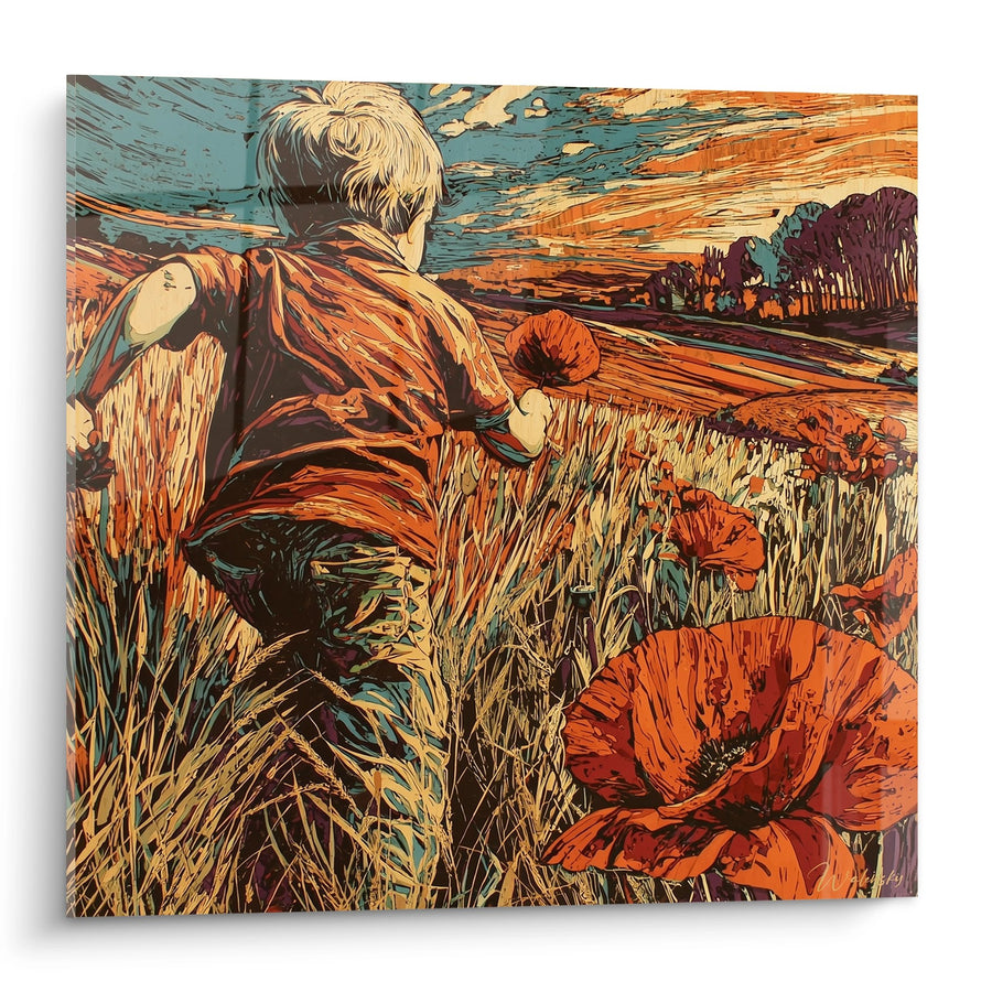 Tableau Silhouette Masculine Contemplant un Champ de Coquelicots Rouges Éclatants - Sérénité Champêtre - Edition Coquelicot