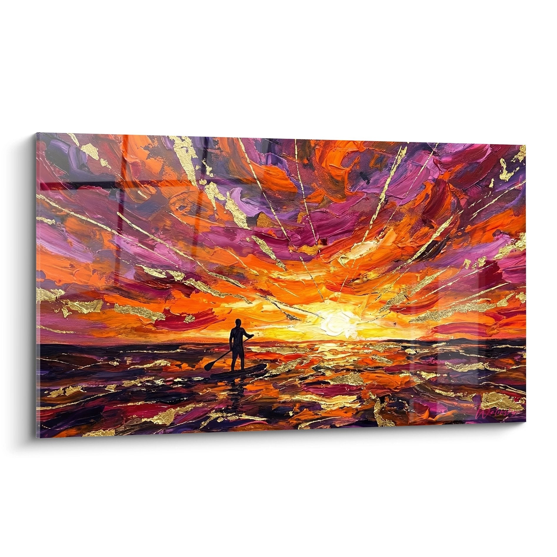 Tableau silhouette contemplative coucher soleil violet orange touches dorees edition paddle decoration murale
