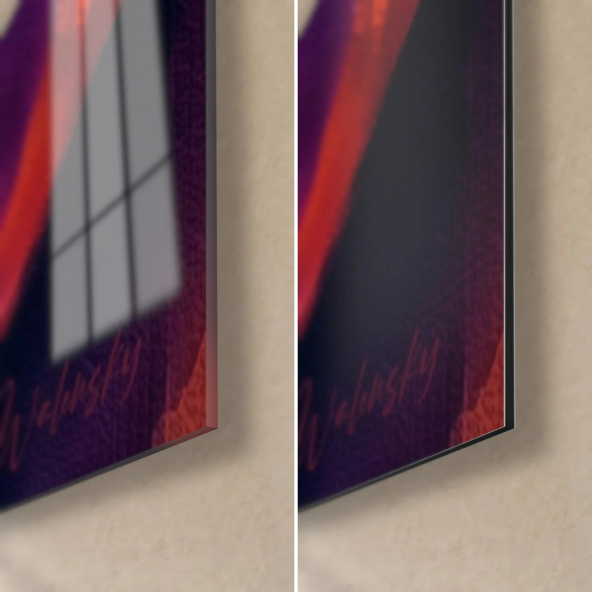 Gemälde Gesicht im dunklen Profil, untere rechte Ecke: glänzendes Acrylglas mit Spiegelung des Fensters, mattes Bordeaux-Dibond, dünne Kante