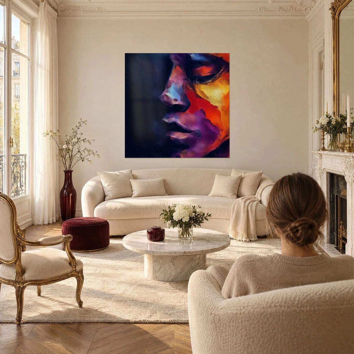 Gemälde Frauenprofil mit orangefarbenen und roten Wangen, mitternachtsblauer Schatten links, über einem Sofa in einem hellen Wohnzimmer