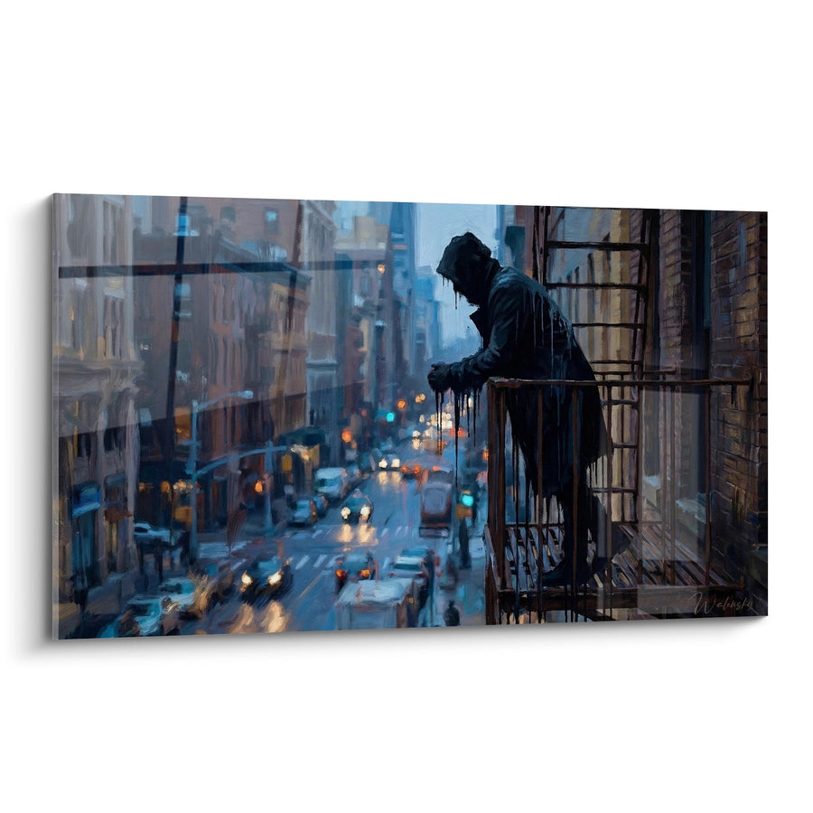 Tableau Silhouette Urbaine sur Escalier de Secours sous la Pluie - Solitude Nocturne - Edition Le Bronx