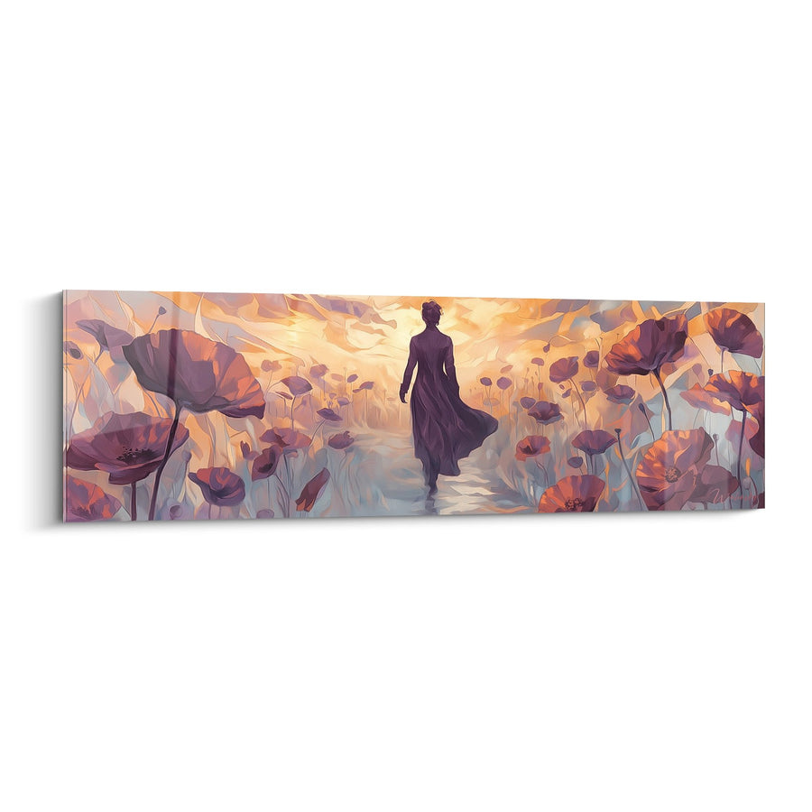 Tableau Silhouette Féminine dans un Champ de Coquelicots Orangés au Coucher du Soleil - Promenade Florale - Edition Coquelicot