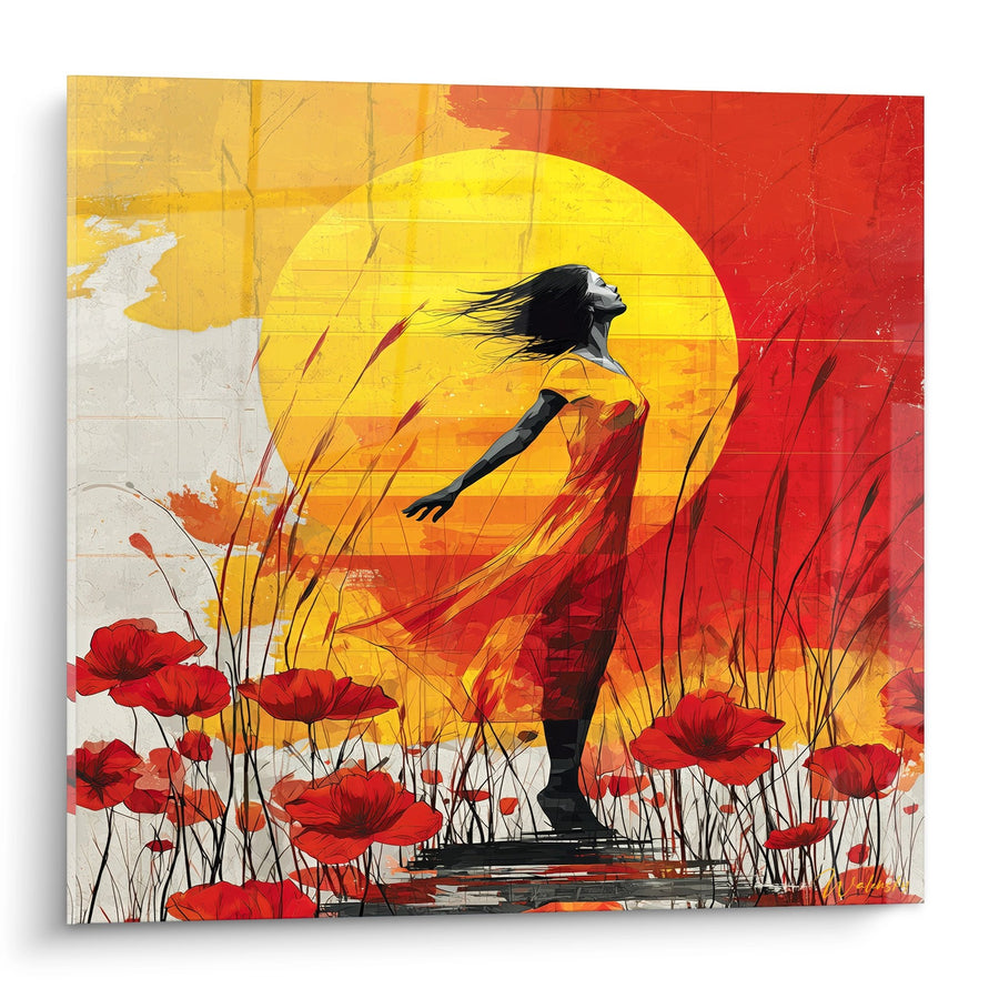 Tableau Silhouette Féminine sur Coucher de Soleil Orange et Rouge - Danse au Cœur des Flammes - Edition Coquelicot