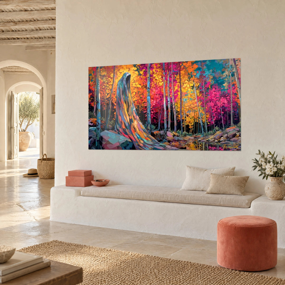 Schilderij Gecapuchonde geest met gele en groene glanzen, fuchsia en amberkleurig gebladerte, driekwart aanzicht op een witte stucmuur