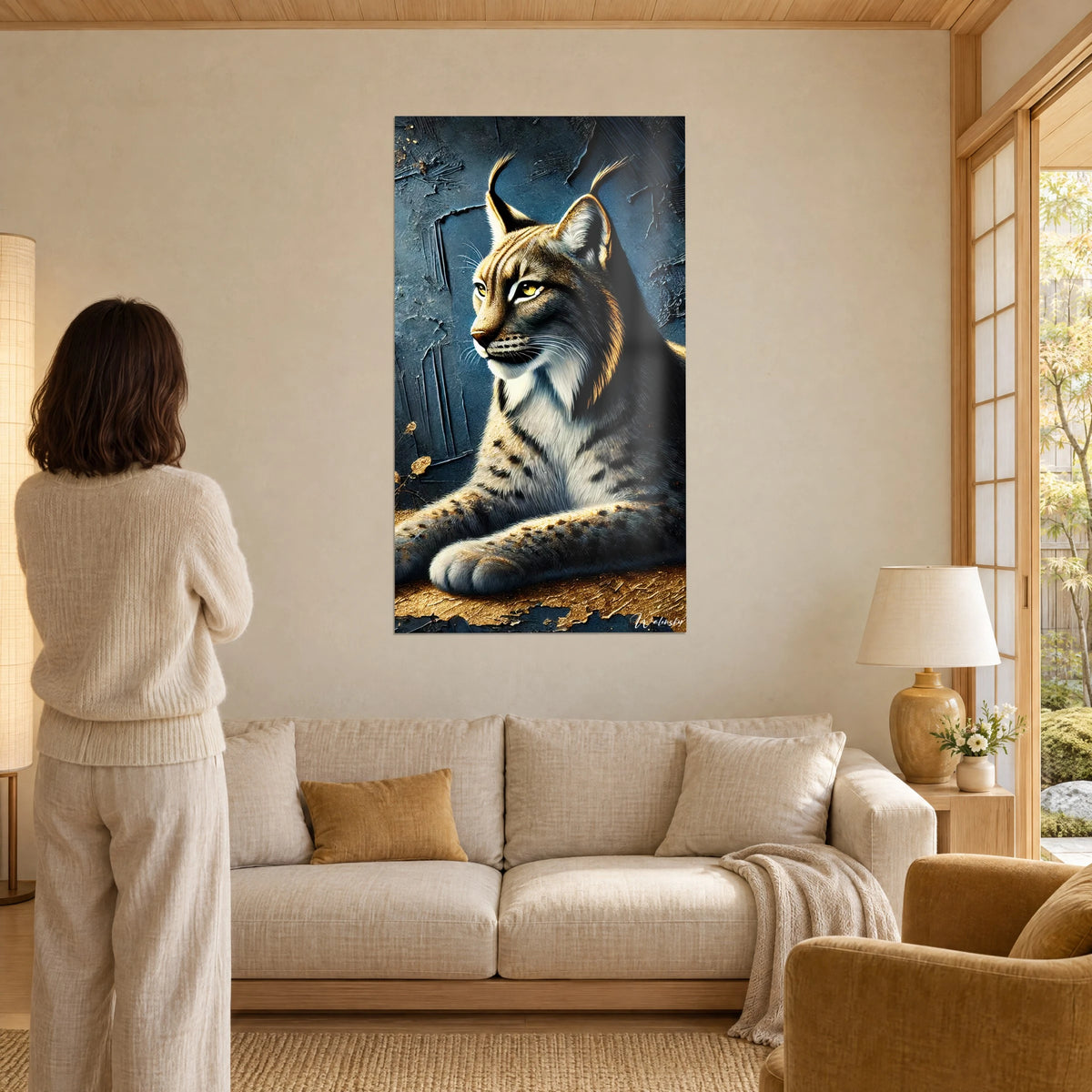 Quadro lince maestoso dagli occhi dorati, pelliccia grigia e bianca su sfondo blu notte, donna di spalle, sopra un divano in un soggiorno luminoso