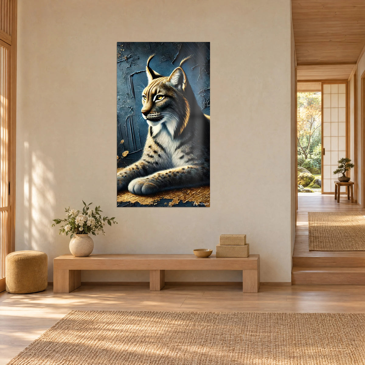 Quadro gatto selvatico sdraiato, orecchie con pennellate nere, texture dorata su sfondo blu navy, vista a tre quarti, corridoio japandi luminoso