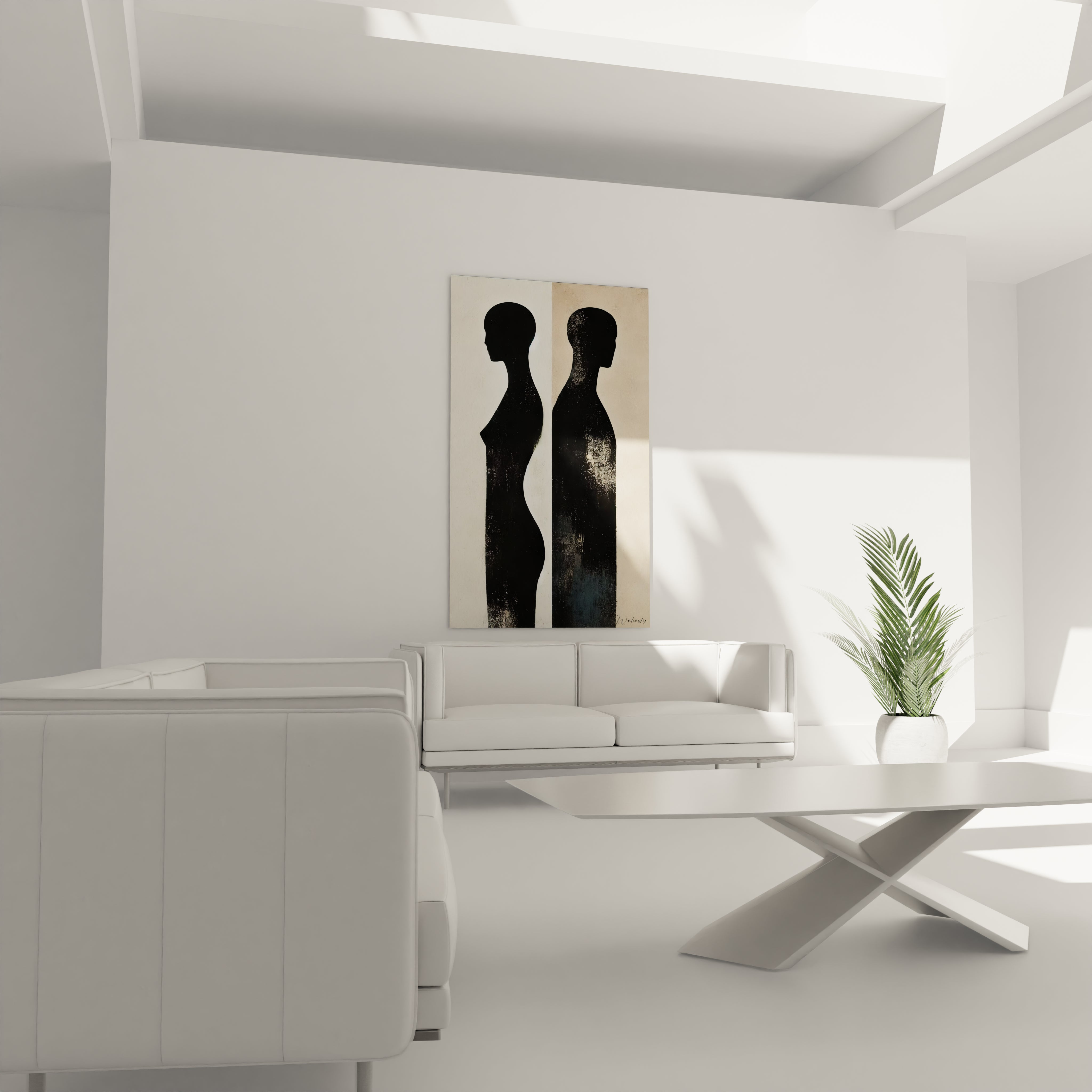 Élégant tableau abstrait de silhouettes humaines, apportant une touche artistique et contemporaine à la décoration murale du salon."