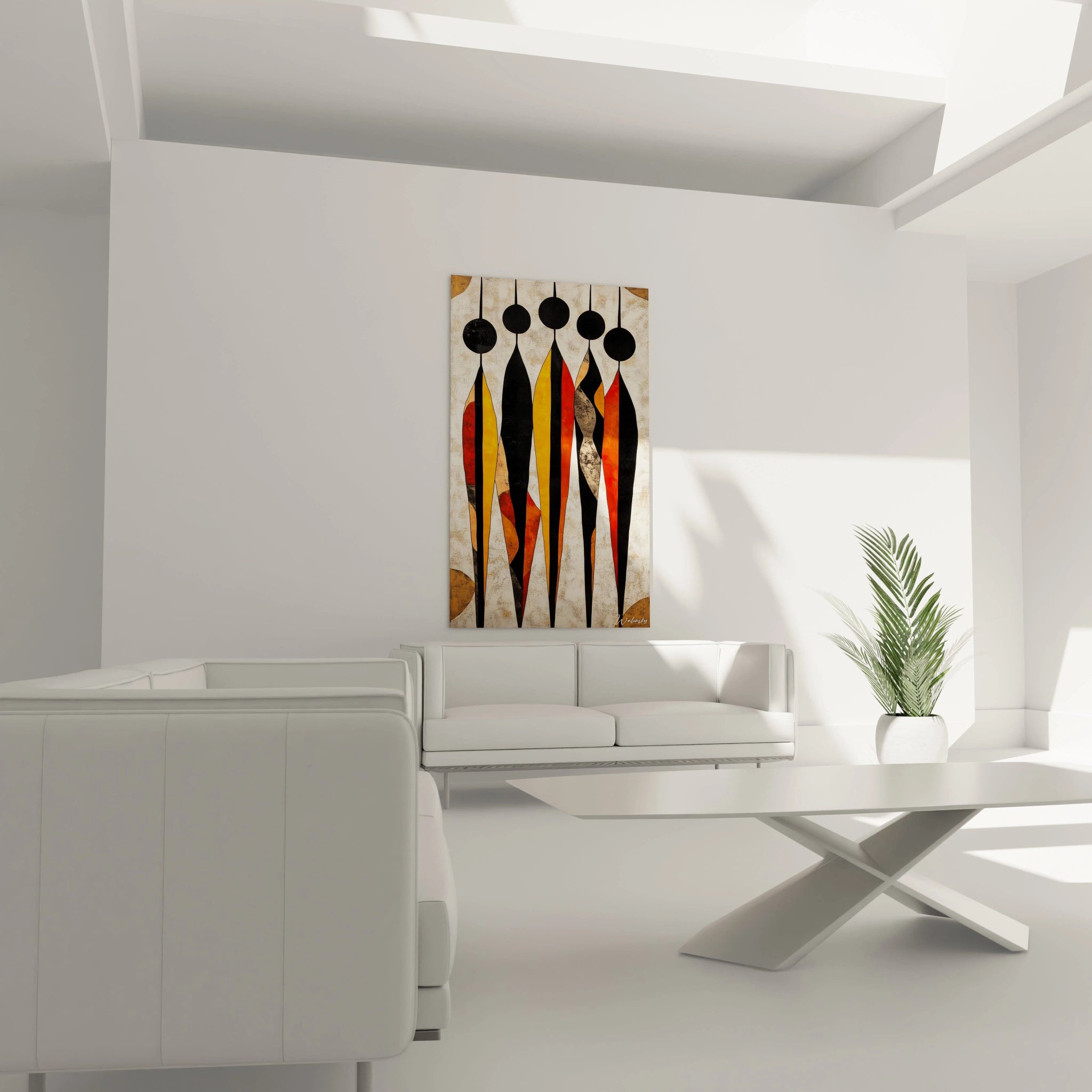 Tableau africain mural Walensky avec motifs géométriques noirs et rouges dans un salon moderne