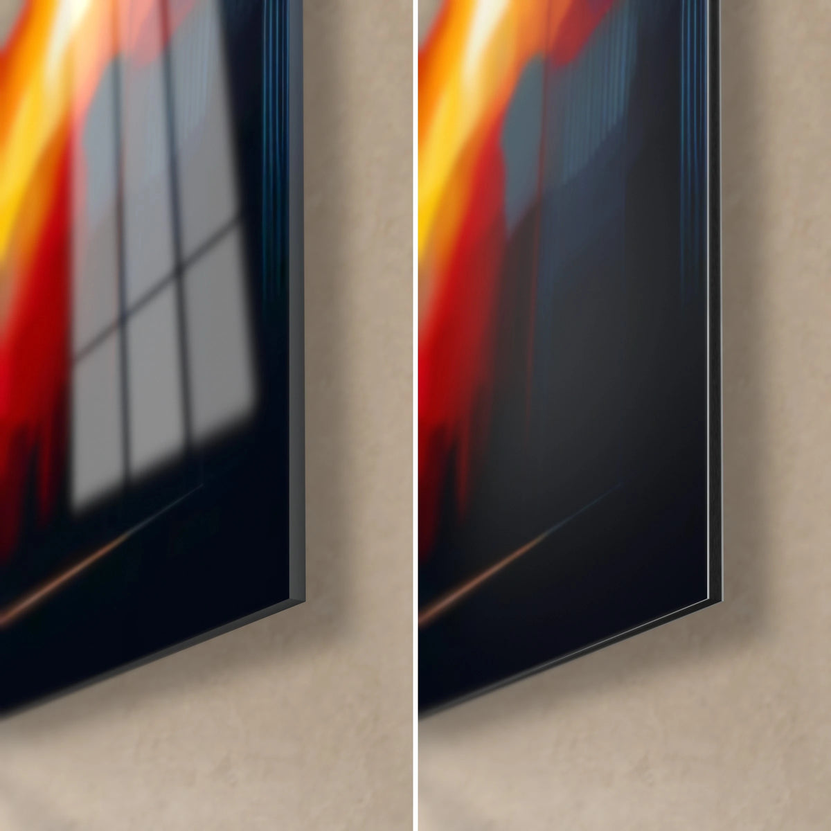Wall art slender women in red and gold wraparound skirts, bottom right corner: glossy acrylic glass on the left, matte black Dibond on the right, 3 mm edge