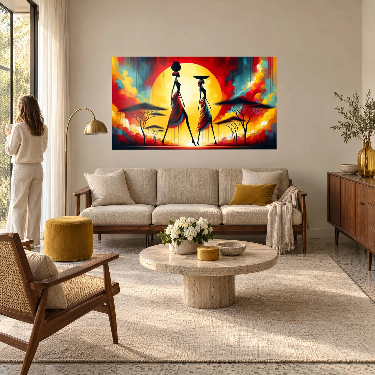 Schilderij twee Afrikaanse silhouetten die lopen voor een gele zon, rode en turquoise lucht, boven een bank in een lichte woonkamer