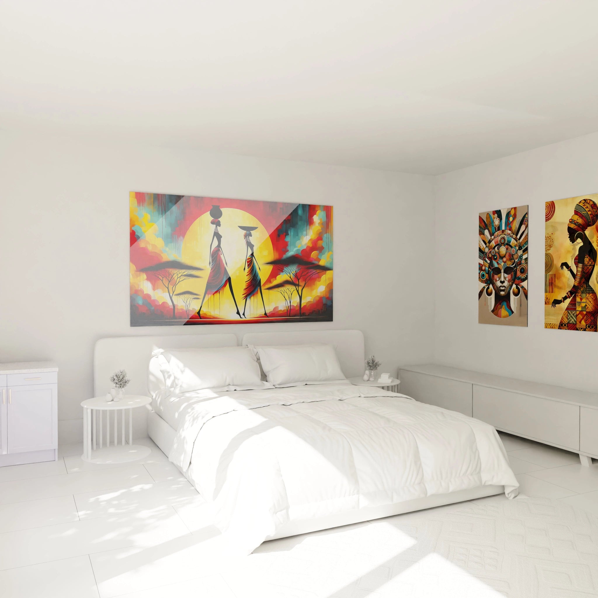 Tableau africain accroché au-dessus du lit, sa lumière dorée réchauffe la chambre. Les couleurs vives, jaune et rouge, apportent une touche d'énergie à l'espace tout en conservant une ambiance sereine.

