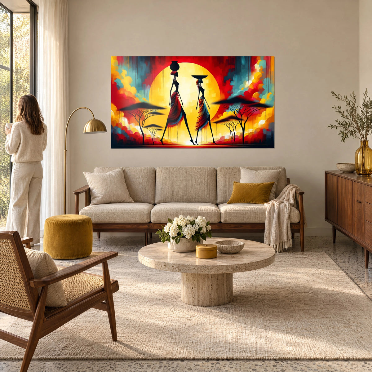 Wall art two African silhouettes walking in front of a yellow sun, red and turquoise sky, above a sofa in a bright living room