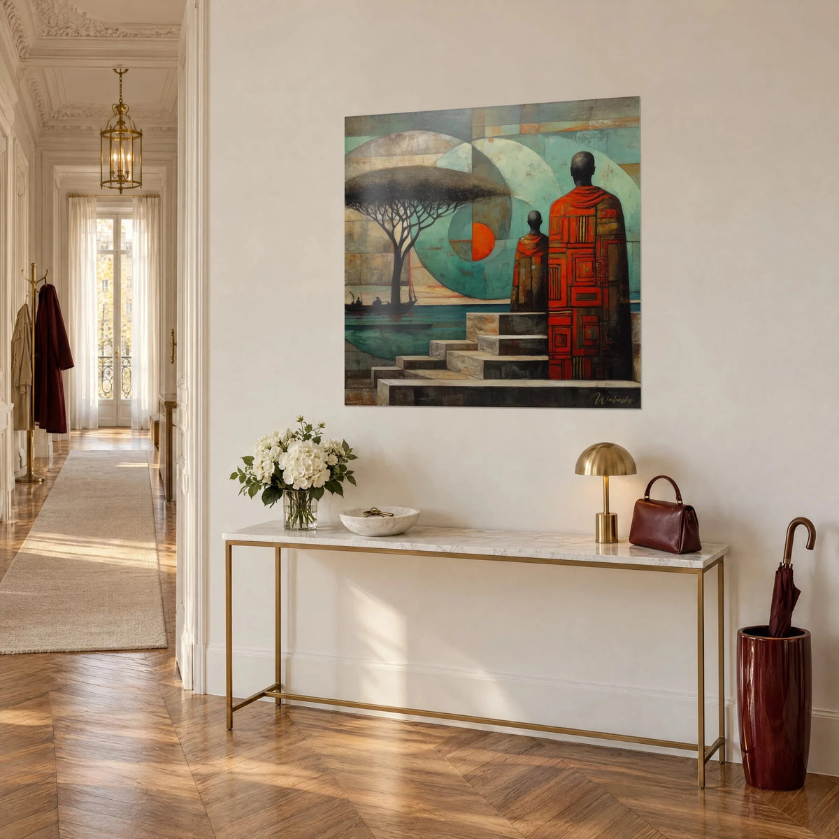 Wall art acacia parasol and tall figure in a red geometric coat, turquoise and ochre background, gilded console in a hallway