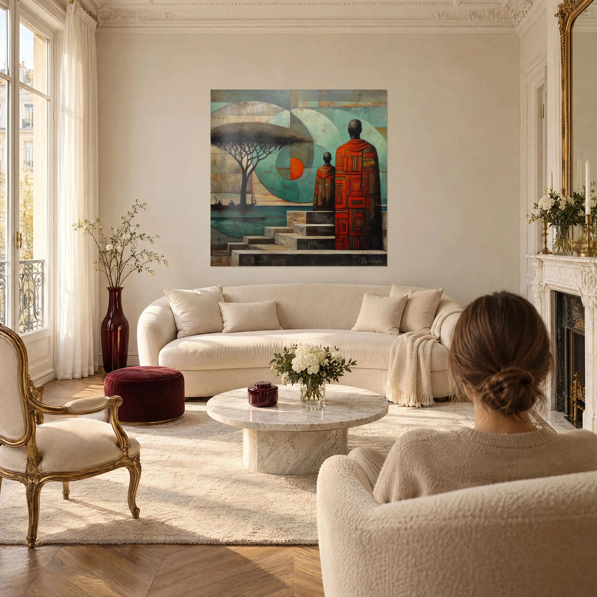 Wall art two figures draped in red facing an acacia, turquoise and ochre, above a sofa in a bright living room