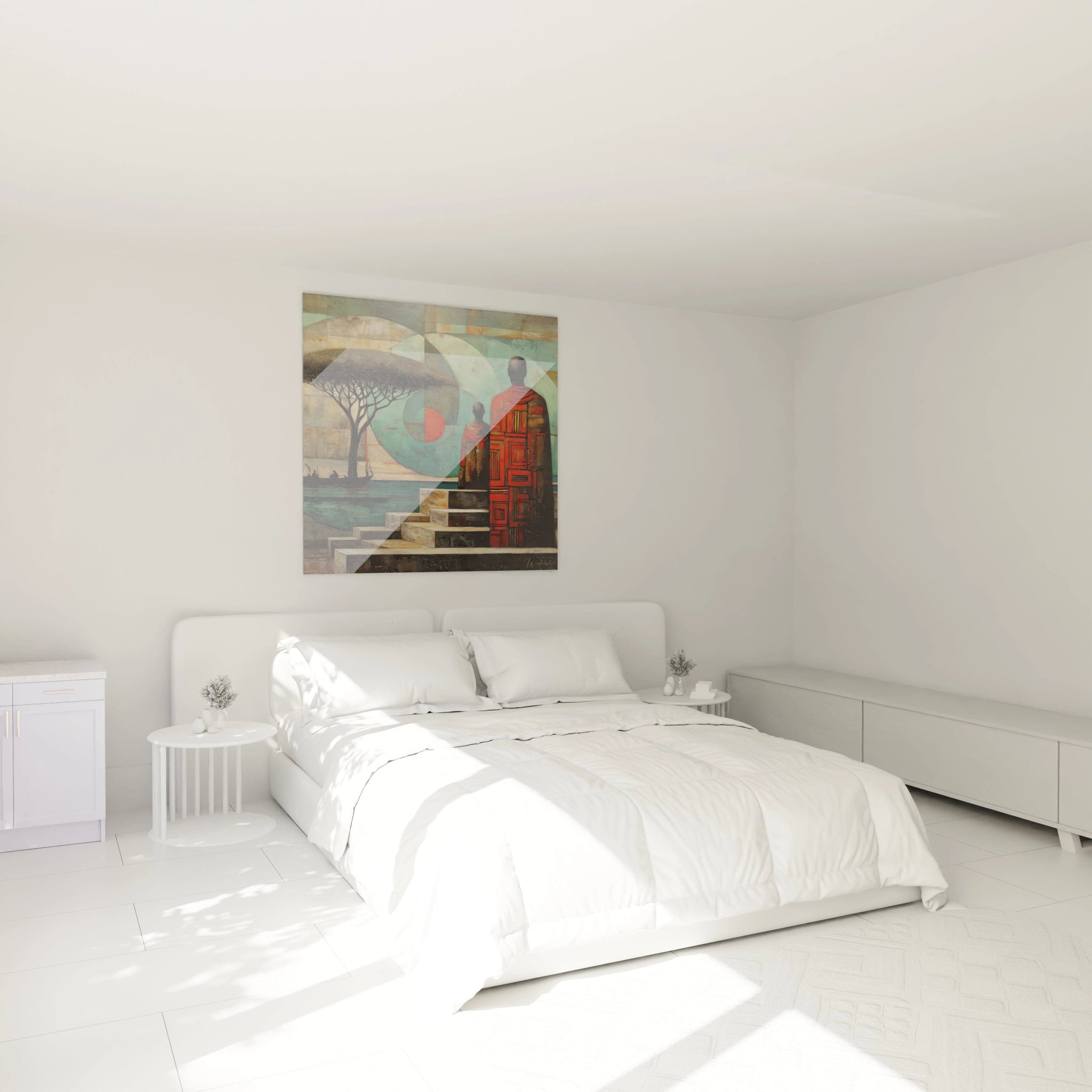 Tableau africain contemporain de Walensky accroché au mur d'une chambre moderne et lumineuse