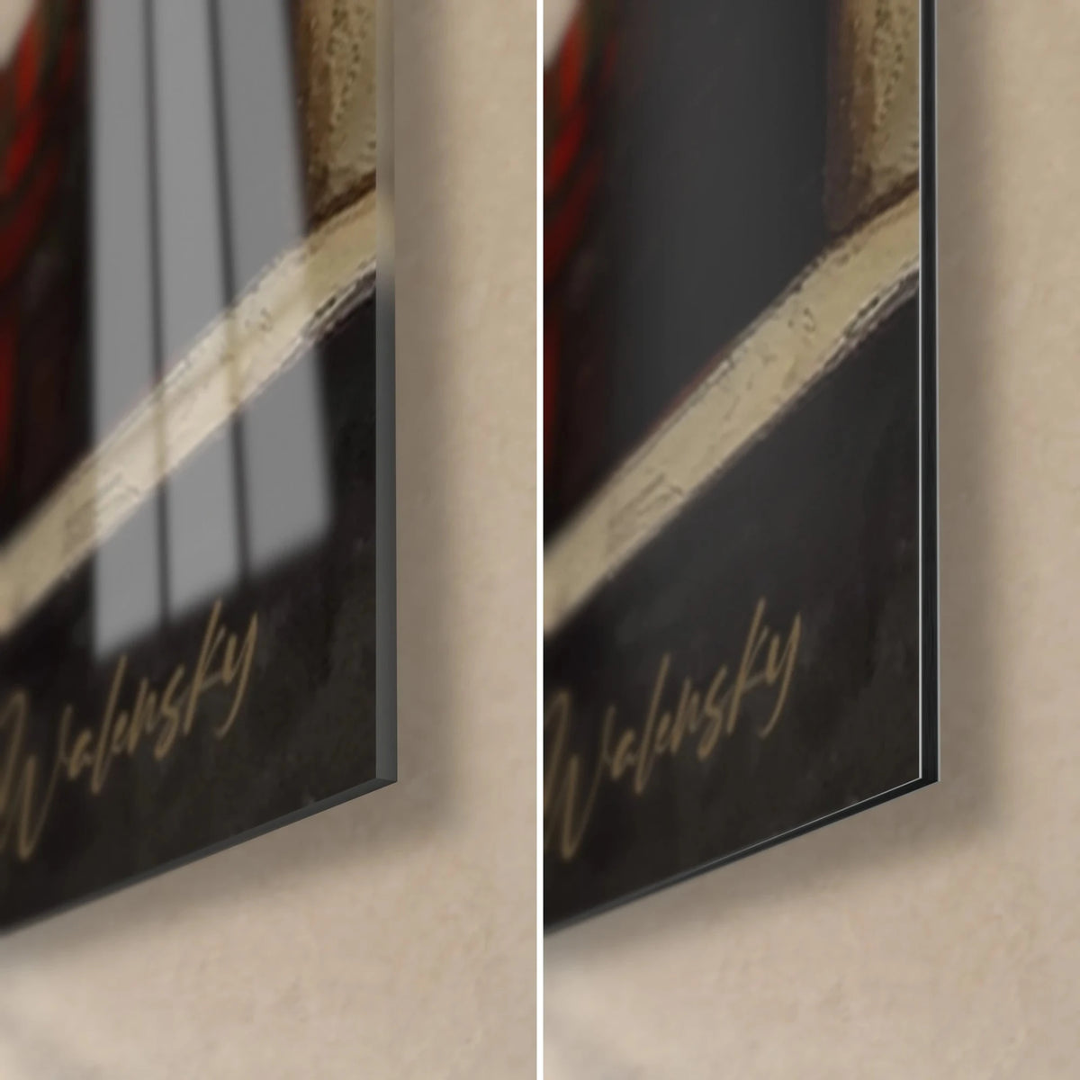 Wall art figures draped in red, bottom right corner: glossy acrylic glass with reflections, matte black Dibond, 3 mm edge