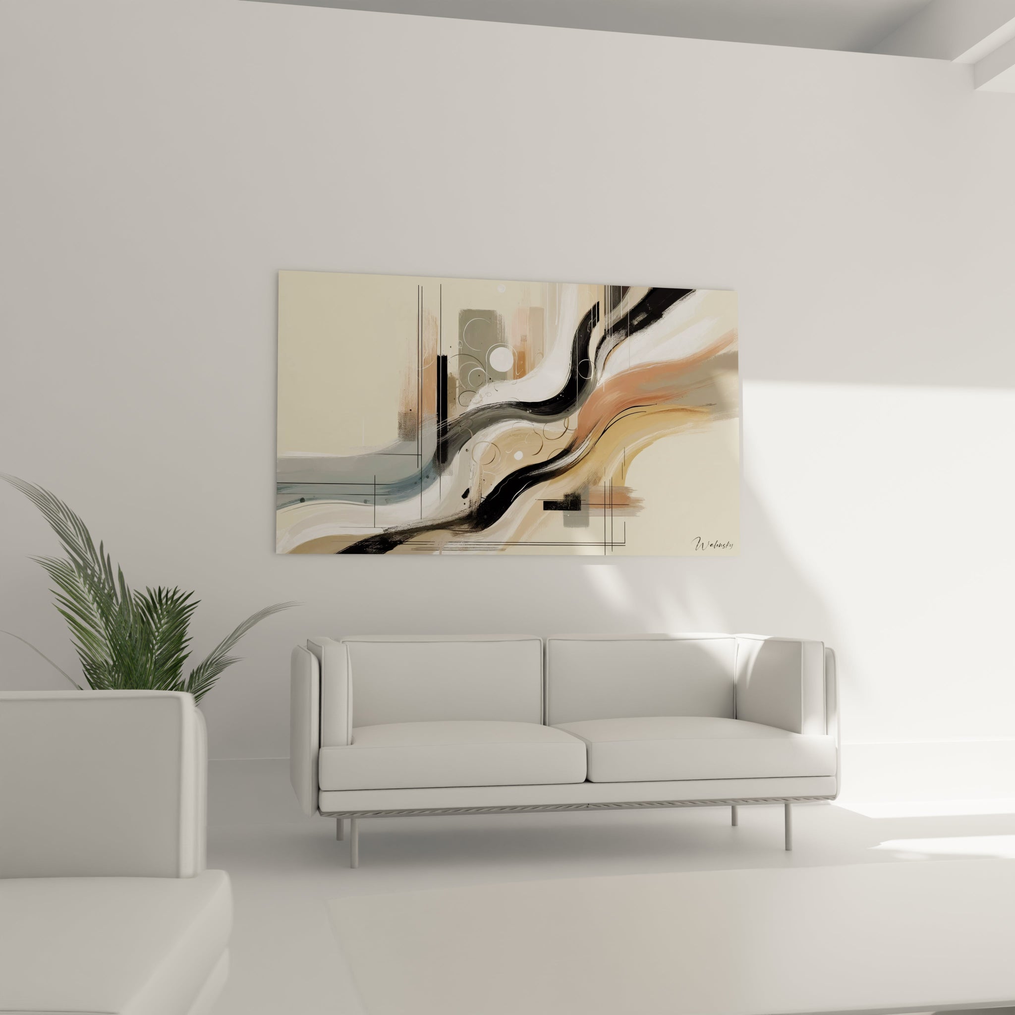 Un tableau abstrait de flux sinueux géométriques. Les couleurs principales sont beige clair, noir charbon, blanc nacré et rose saumon. La texture montre des bandes courbes à l'aspect satiné qui traversent horizontalement la composition, entrecoupées d'éléments graphiques épurés comme des lignes droites fines, des rectangles et des formes circulaires qui créent un équilibre entre mouvement et structure.
