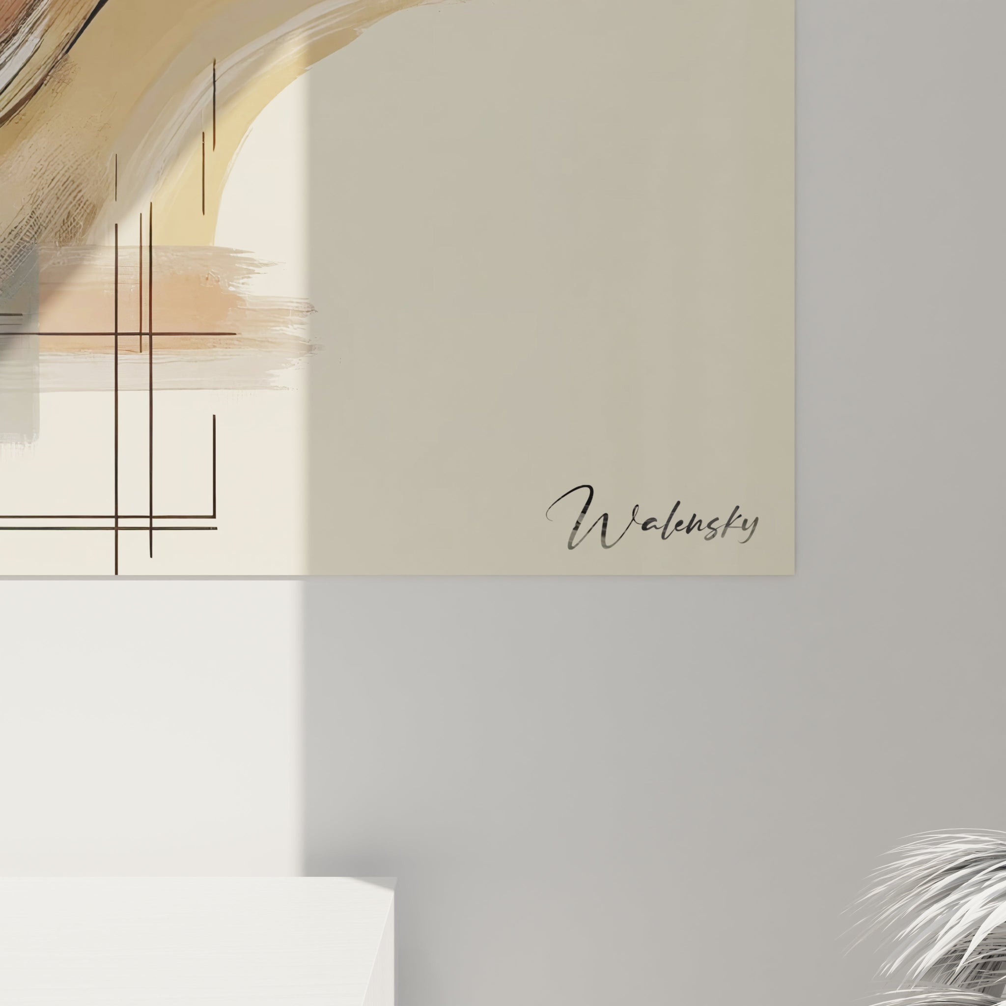 Un tableau abstrait de rubans entrelacés sur fond minimaliste. Utilise une palette restreinte de beige, noir, blanc et rose pâle. La texture présente des coups de pinceau fluides aux contours nets formant des ondulations qui traversent l'espace, complétés par des éléments graphiques subtils dont des cercles, des lignes droites et des surfaces texturées, créant une composition équilibrée entre éléments organiques et géométriques.
