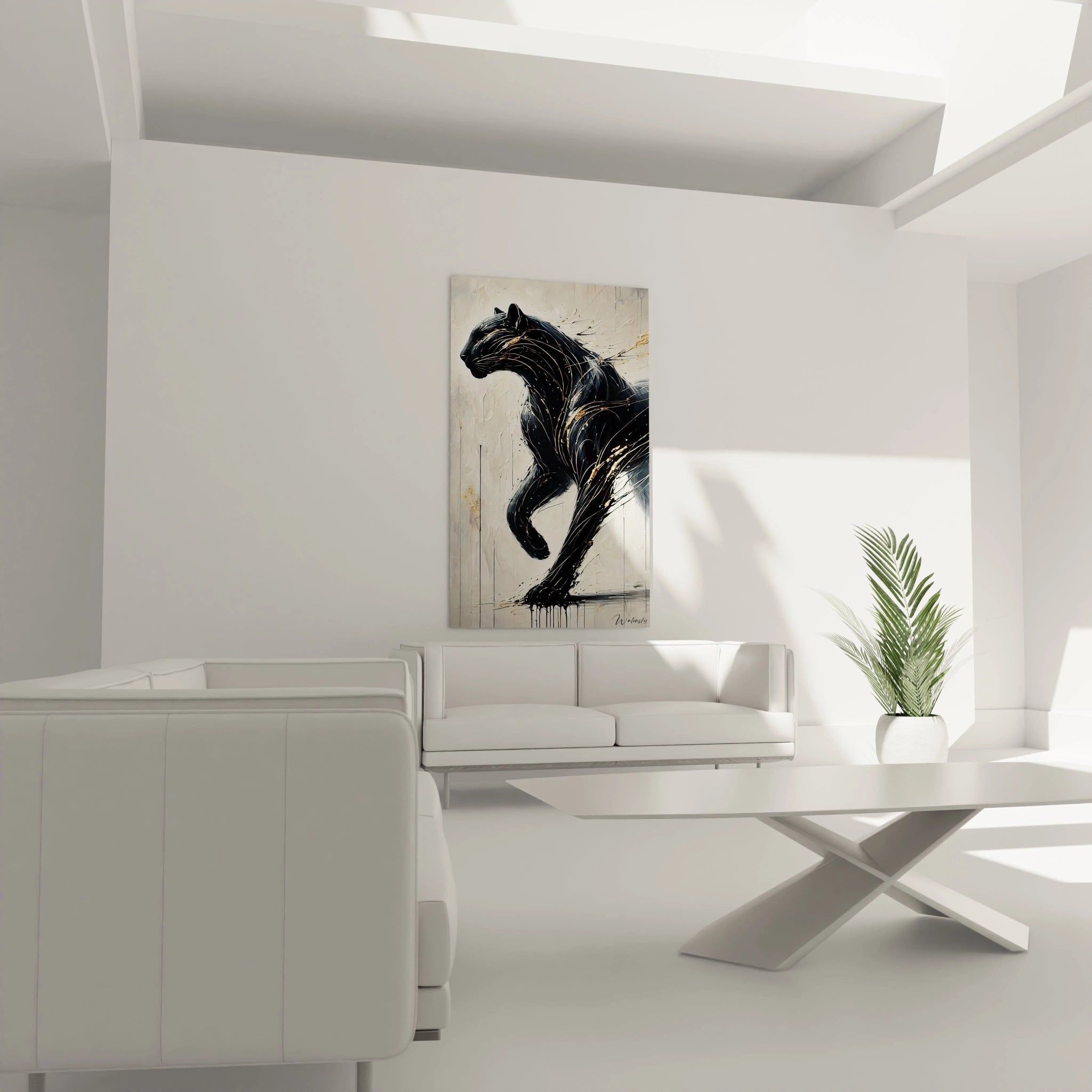 dans un salon, ce tableau panthere noire au-dessus d'un canape attire le regard avec ses details dorees et son fond texturé, offrant une ambiance chic et majestueuse

