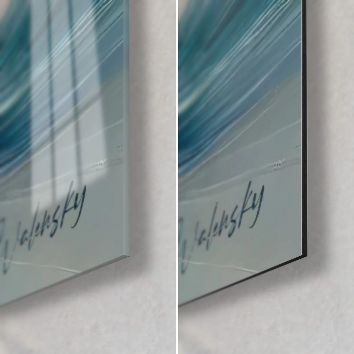 Wall art whale in oil paint, petrol blue and white, bottom right corner: glossy glass, matte Dibond, edge