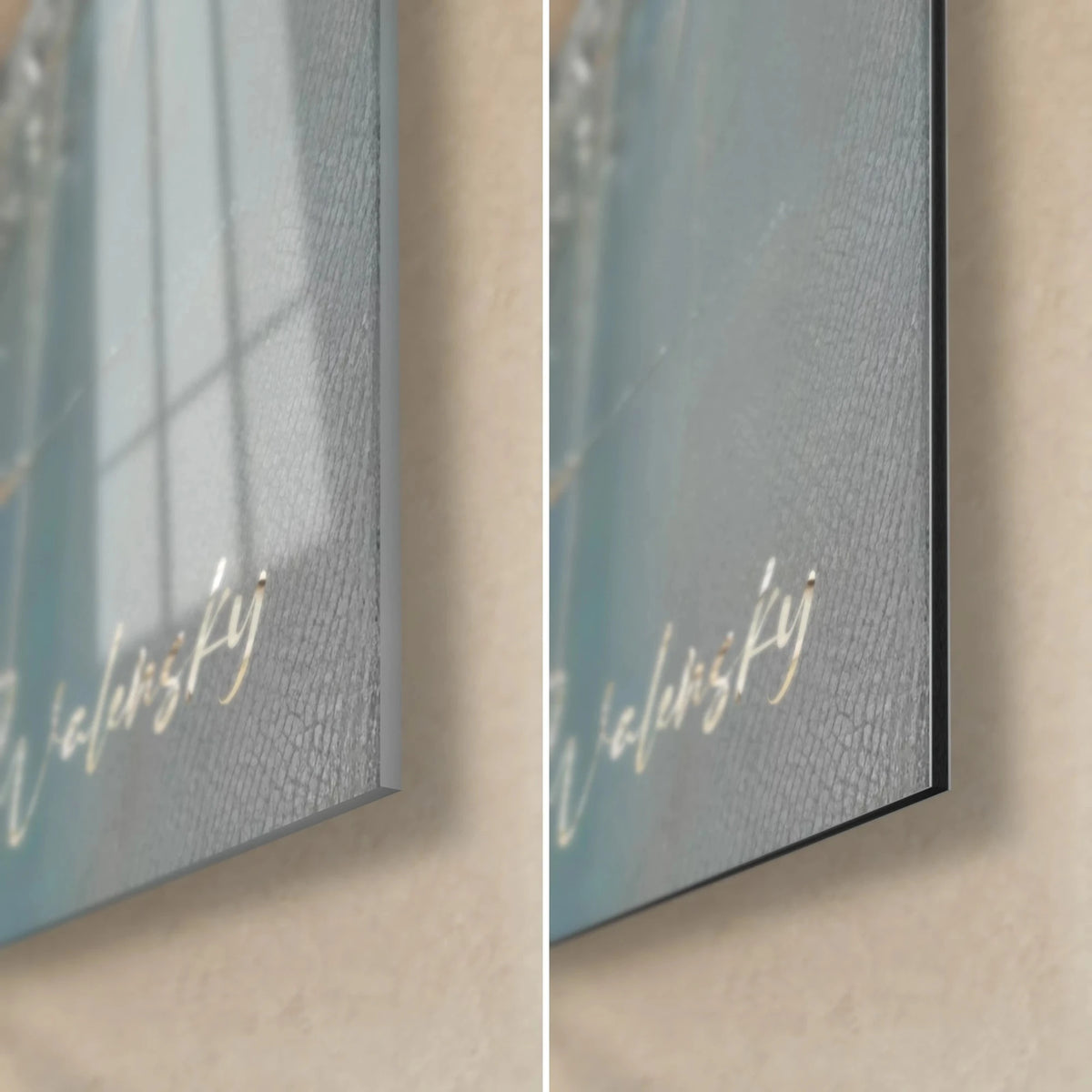 Wall art flamingo in a bikini of pearlescent pigments, gold Walensky signature bottom right, glossy acrylic glass on the left, matte black Dibond on the right