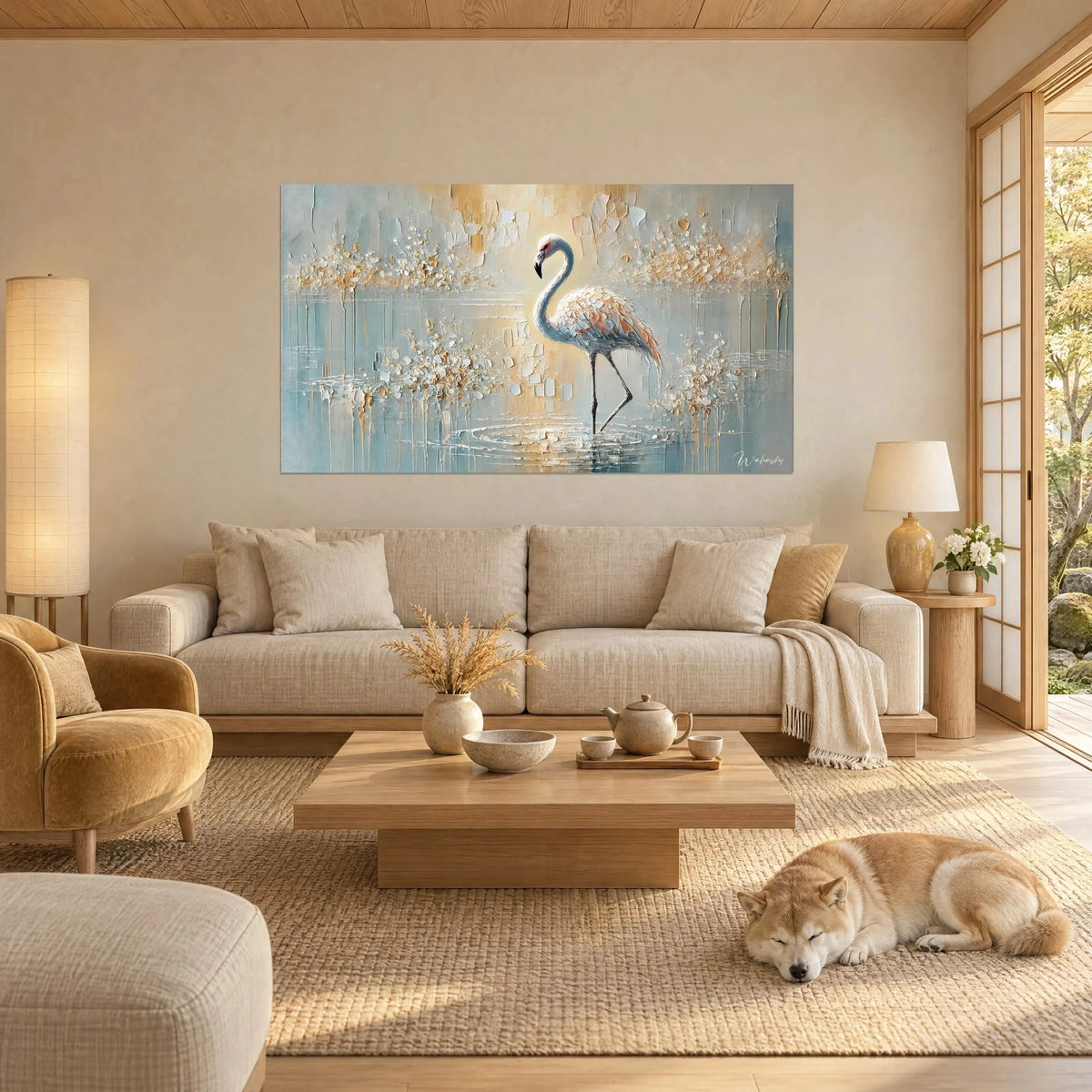 Wall art pink flamingo in shallow water, ivory and coral plumage in knife-stroke texture, pale blue and gold background, above a sofa in a bright living room