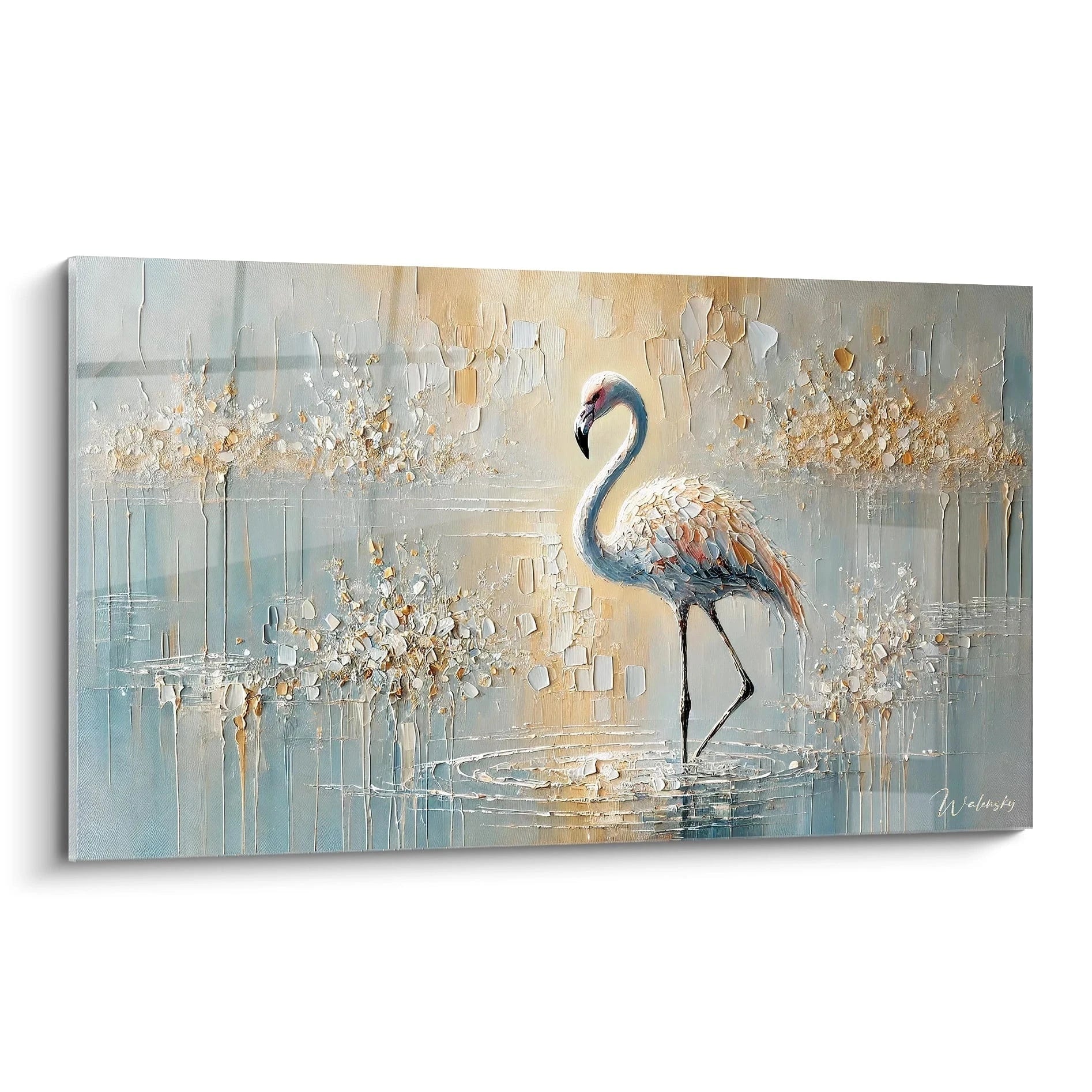 Admirez ce tableau flamand rose avec un flamant majestueux. Les détails du plumage et l'arrière-plan abstrait créent une ambiance apaisante.