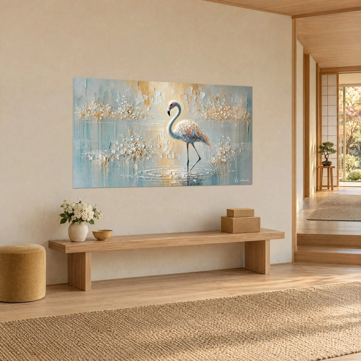 Wall art long-necked wading bird with a curved neck, mother-of-pearl and rose feathers in relief, golden reflections on grey-blue water, on a beige wall beside a wooden bench