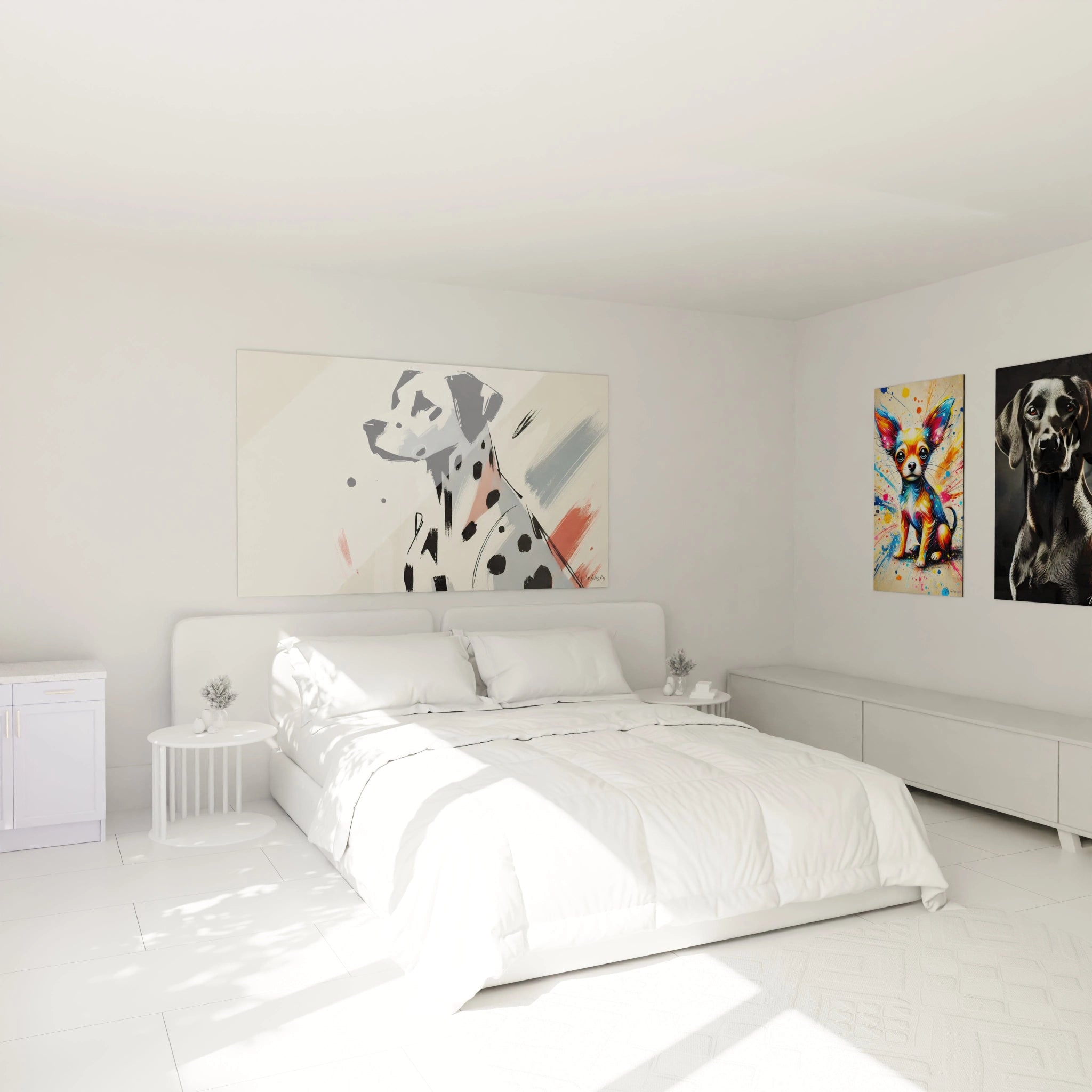 Ce tableau chien abstrait ajoute une touche de modernité à votre chambre. Accroché au-dessus du lit, il se fond parfaitement dans une déco minimaliste tout en apportant une note artistique.

