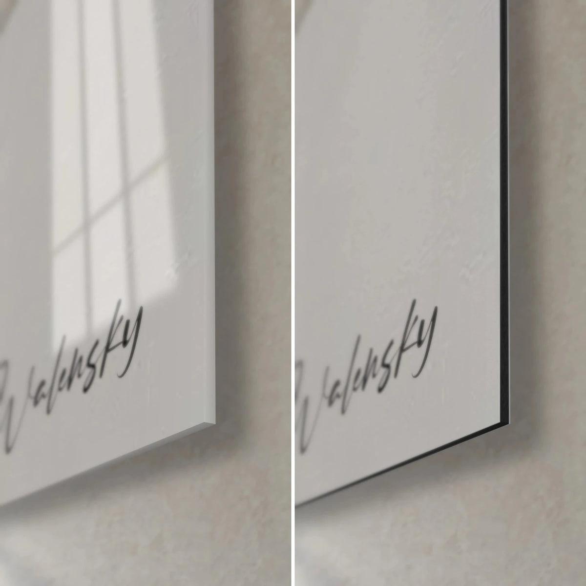 Wall art zebra profile with black and white stripes, bottom right corner: glossy acrylic glass on the left, matte Dibond aluminium on the right, 3 mm edge
