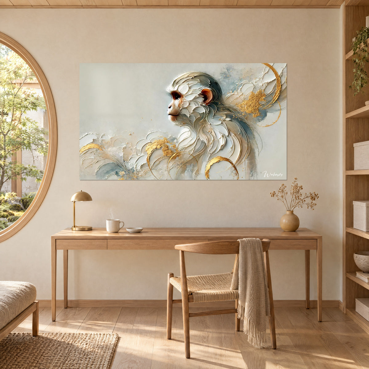 Tableau tête de singe aux reliefs nacrés, gris-bleu et anneaux d'or brillant, au-dessus d'un bureau en bois clair, chaise en paille tressée