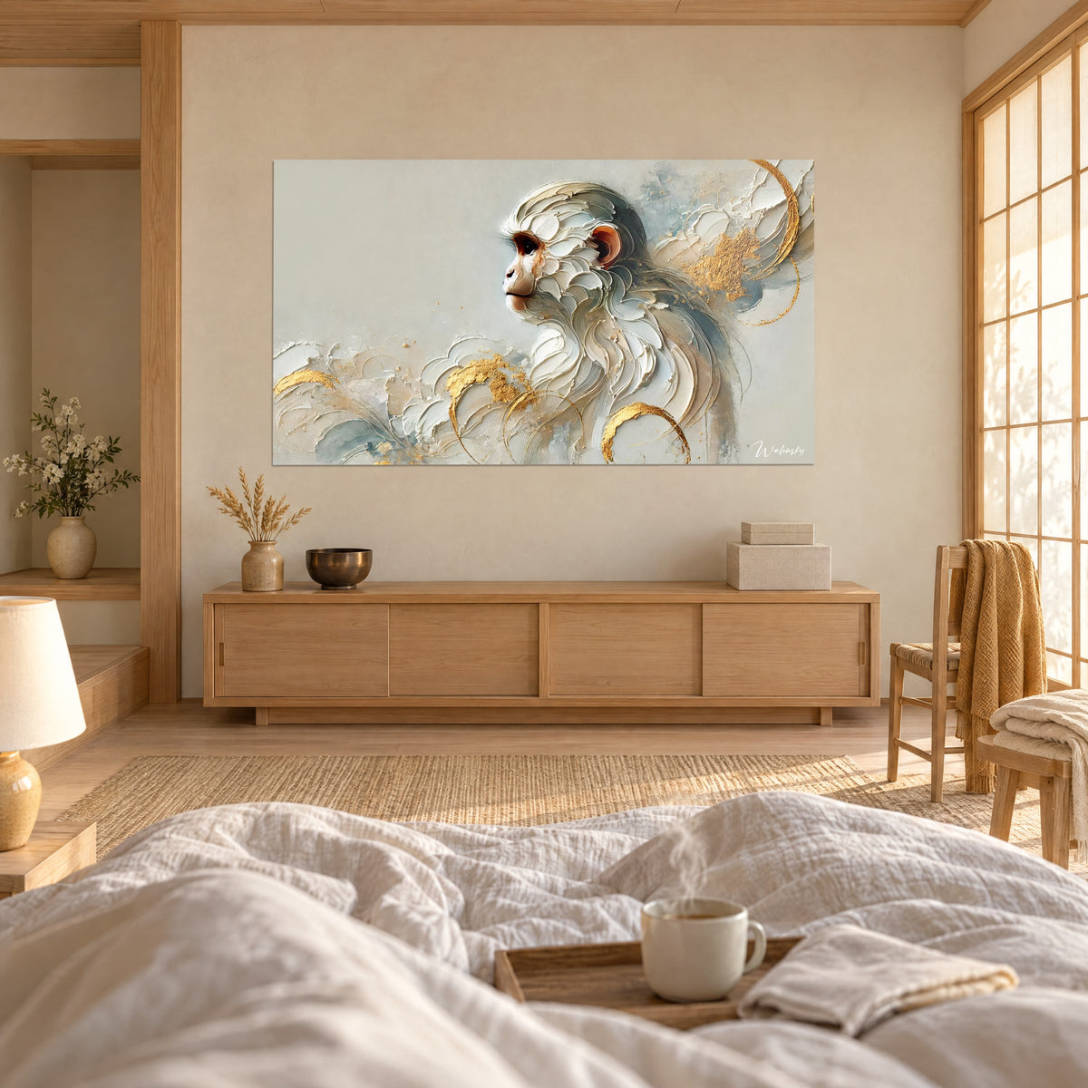 Tableau petit singe au pelage de spatules crème, joue rosée et feuilles d'or, regardé par deux dormeurs, au-dessus d'un lit dans une chambre claire