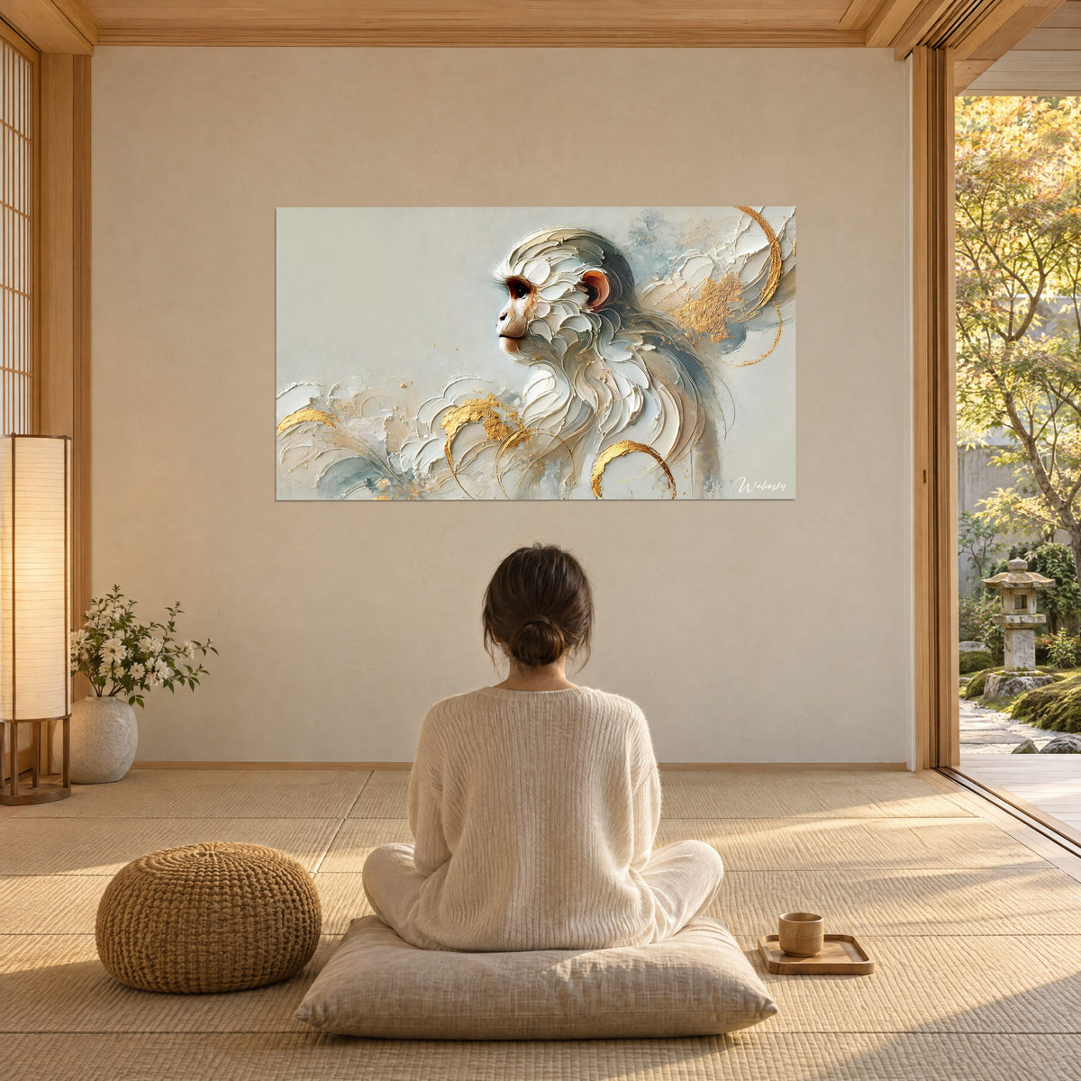 Tableau singe contemplatif au regard brun, pelage ivoire en vagues de matière et or, face à une femme assise de dos, pièce ouverte sur jardin