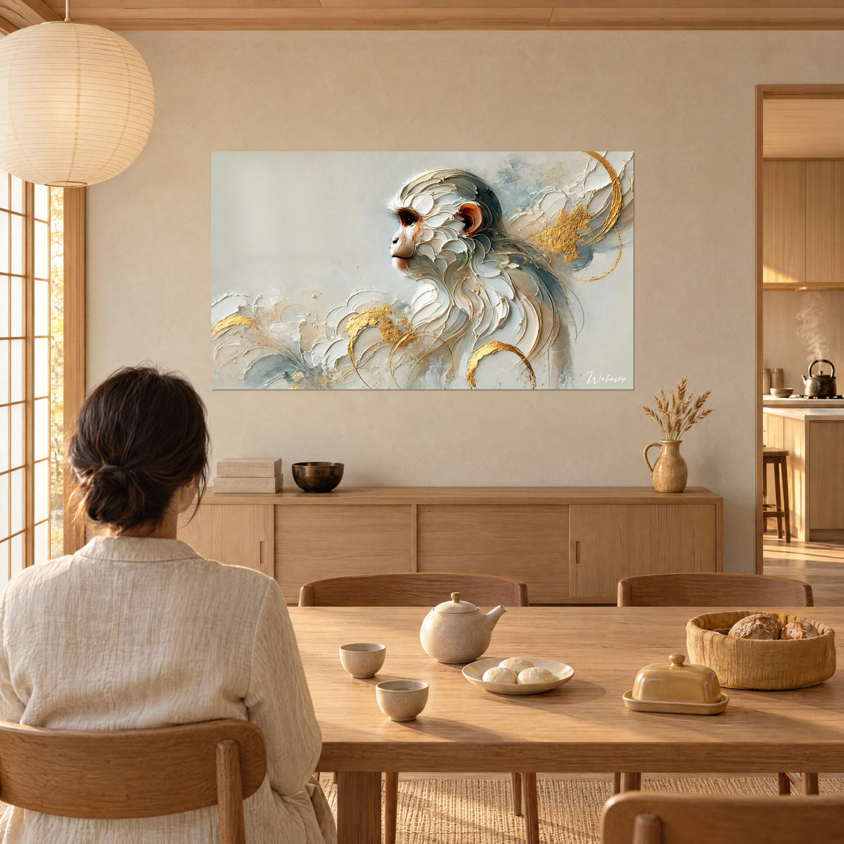 Tableau portrait de macaque aux oreilles cuivrées, volutes blanches et touches dorées, face à une femme attablée de dos, salle à manger japandi